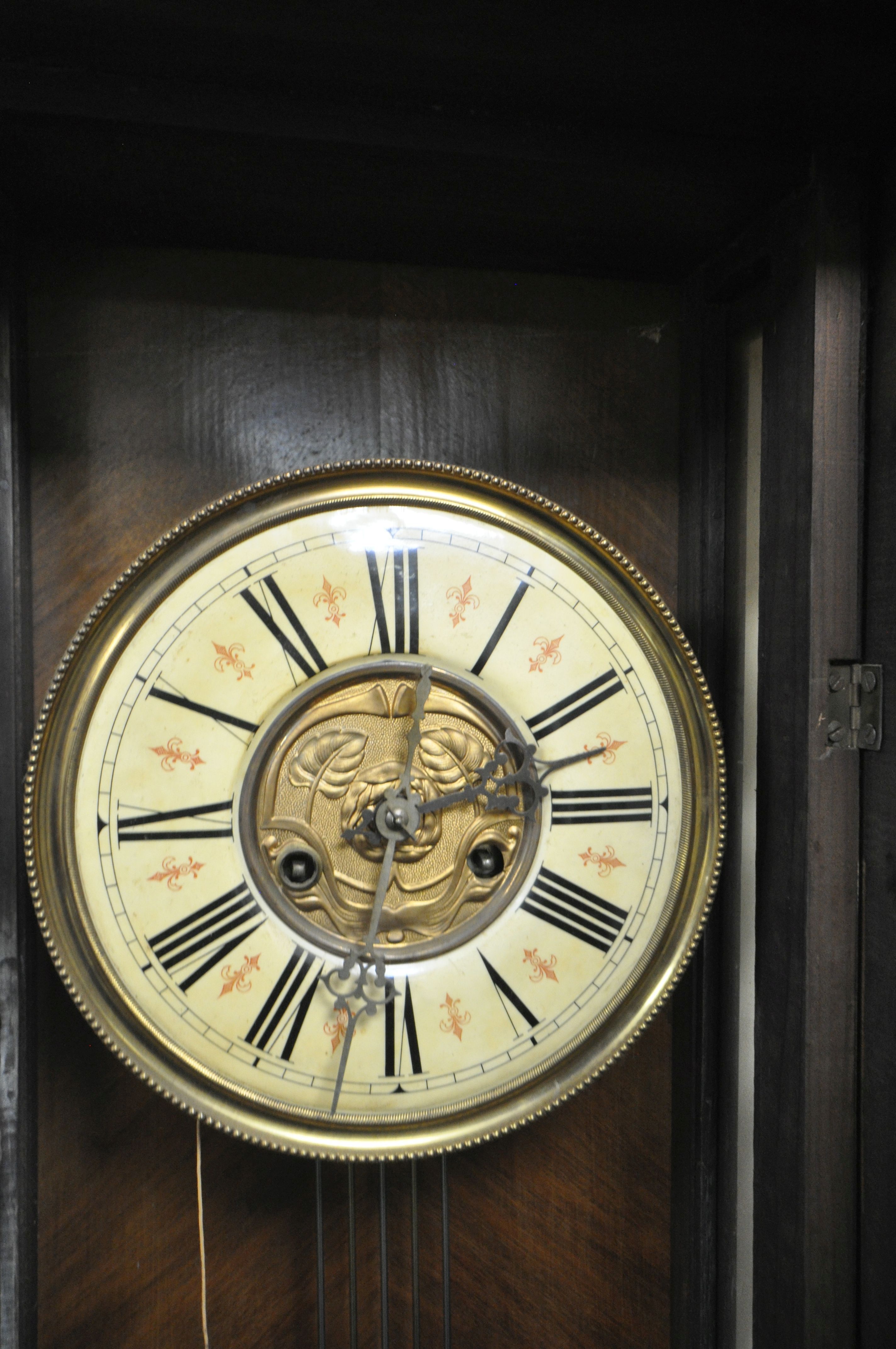 A LATE 19TH CENTURY VIENNA WALL CLOCK, with a resin horse pediment, turned pillars to the doors, - Image 3 of 5