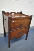 A GEORGE III MAHOGANY TRAY TOP NIGHT COMMODE, with a wavy top, twin handles to side, fall front door
