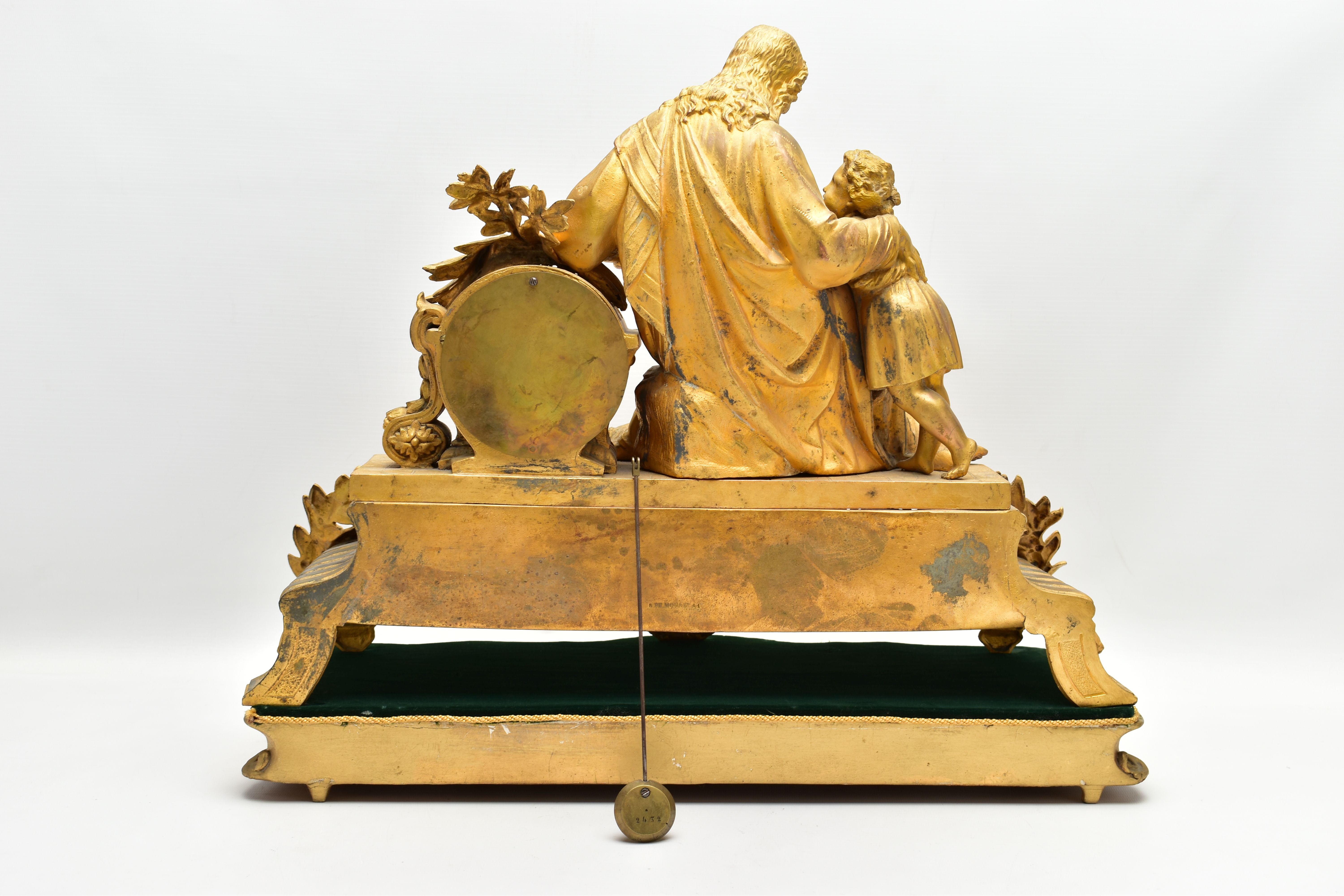 A MID 19TH CENTURY GILT METAL MANTEL CLOCK, cast with a seated figure of Christ and two children, - Image 9 of 11