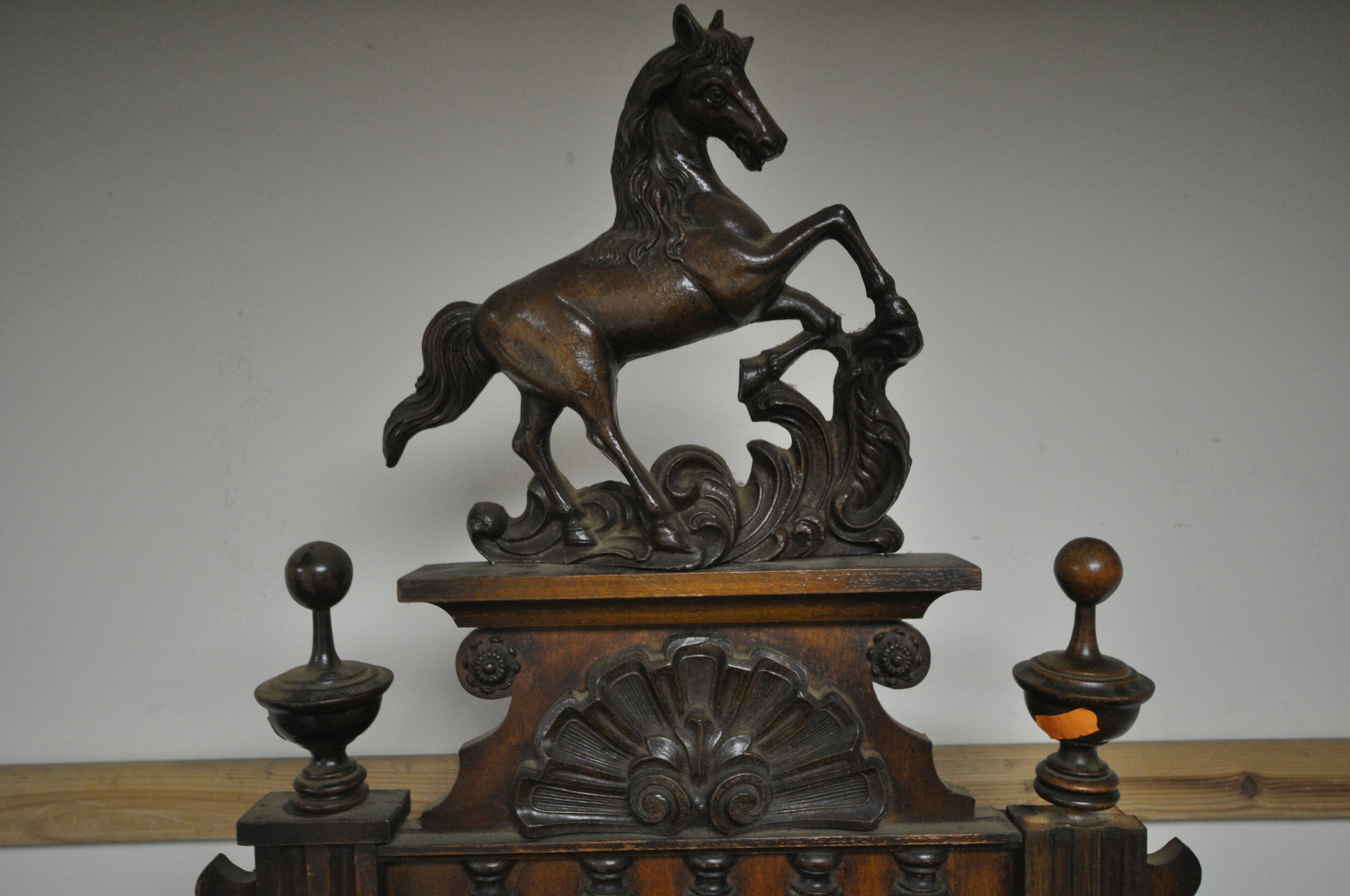 A LATE 19TH CENTURY WALNUT VIENNA WALL CLOCK, with a resin horse pediment, turned pillars to the - Image 2 of 5