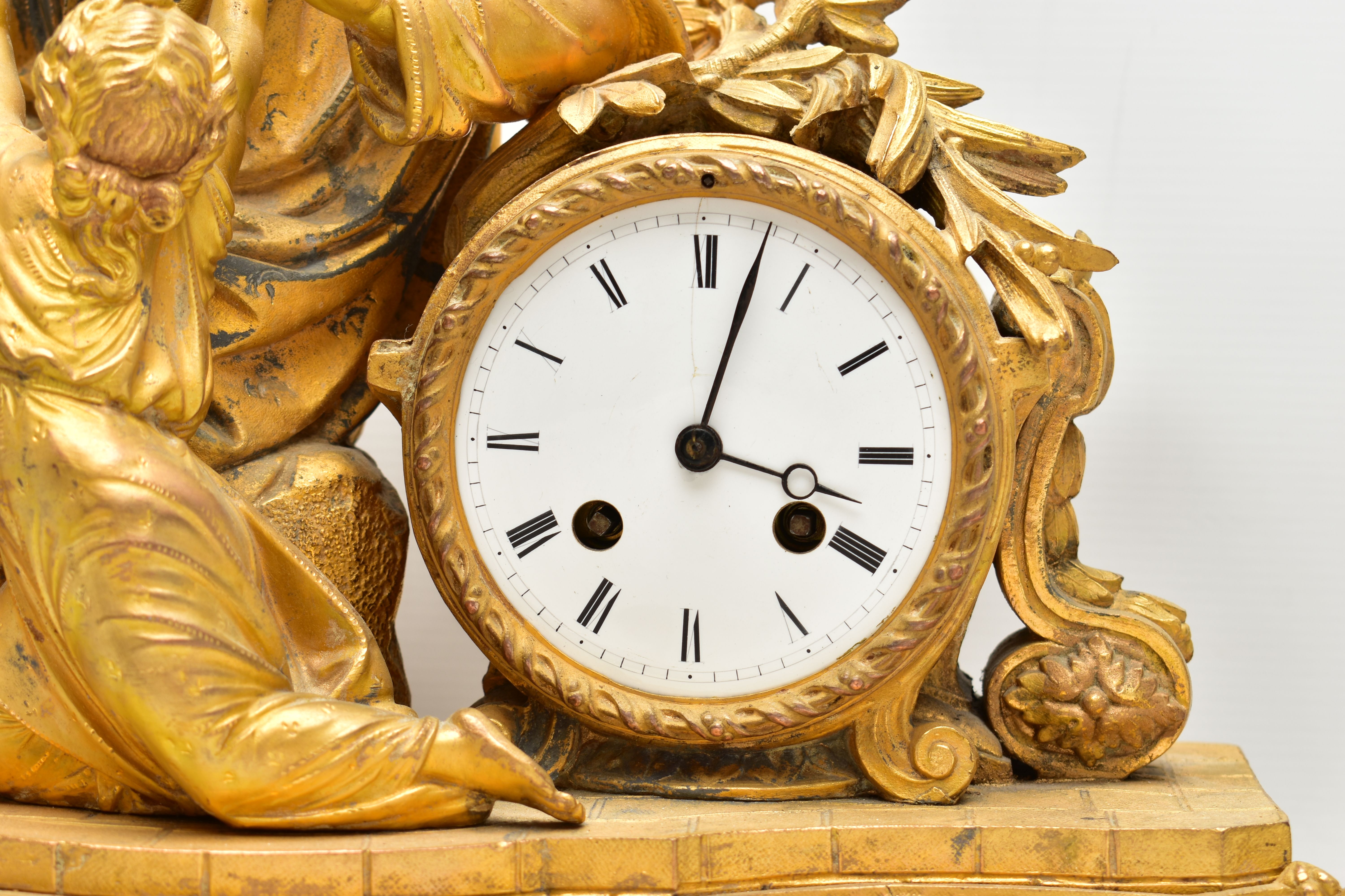 A MID 19TH CENTURY GILT METAL MANTEL CLOCK, cast with a seated figure of Christ and two children, - Image 3 of 11