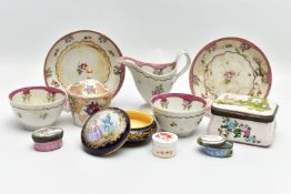 A PARCEL OF LATE 18TH AND 19TH CENTURY CONTINENTAL AND ENGLISH PORCELAIN AND TWO OVAL ENAMEL PATCH