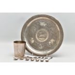 A GEORGE VI SILVER MUG, AN INDIAN WHITE METAL TRAY AND SEVEN INDIAN WHITE METAL COFFEE SPOONS, the