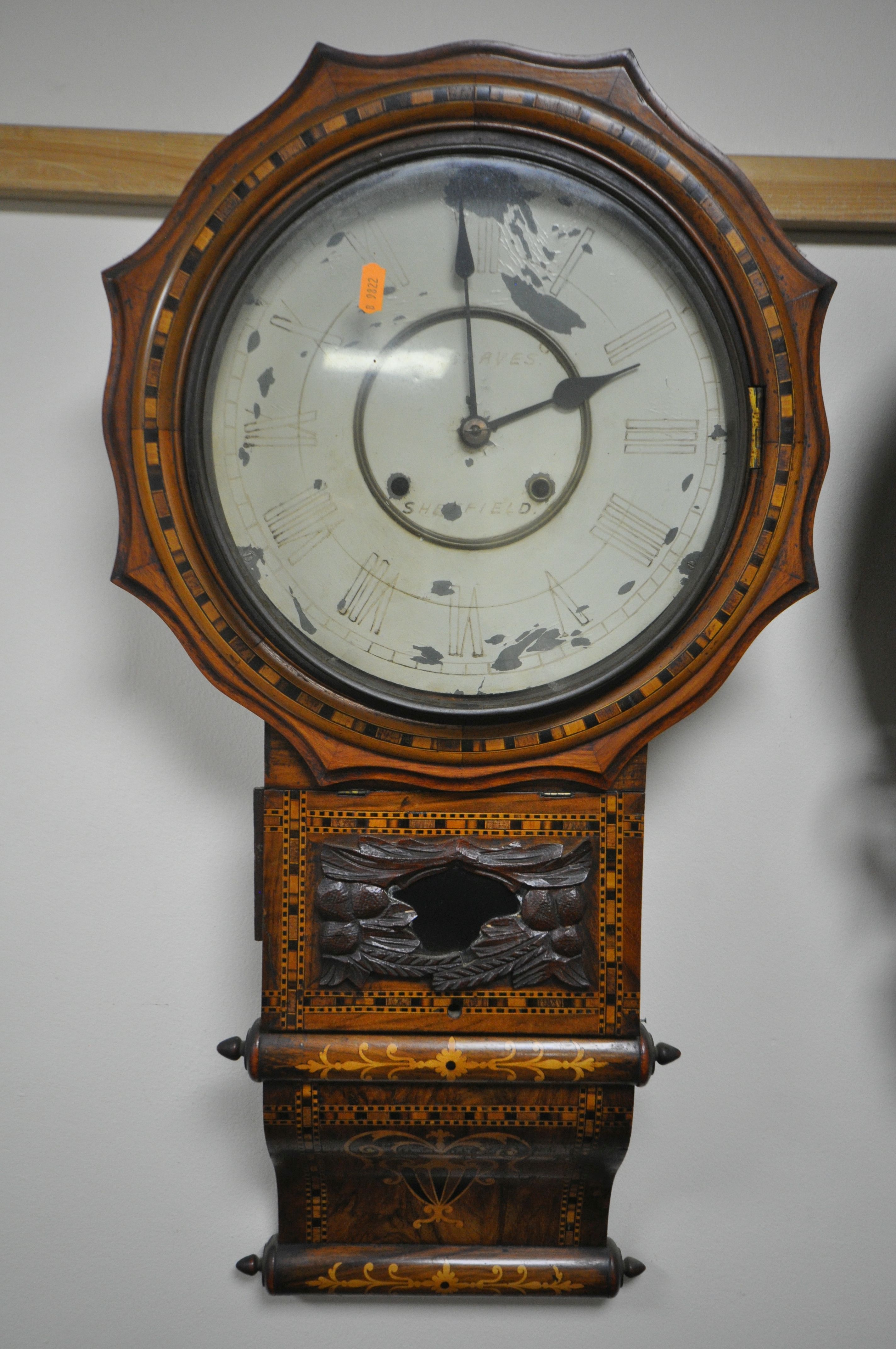 A 19TH CENTURY WALNUT AND INLAID DROP DIAL WALL CLOCK, the 11 inch dial is indistinctly marked - Image 2 of 9