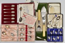 THREE CASES OF SILVER TEA AND COFFEE SPOONS, ETC, including a cased set of six Elizabeth II rat tail