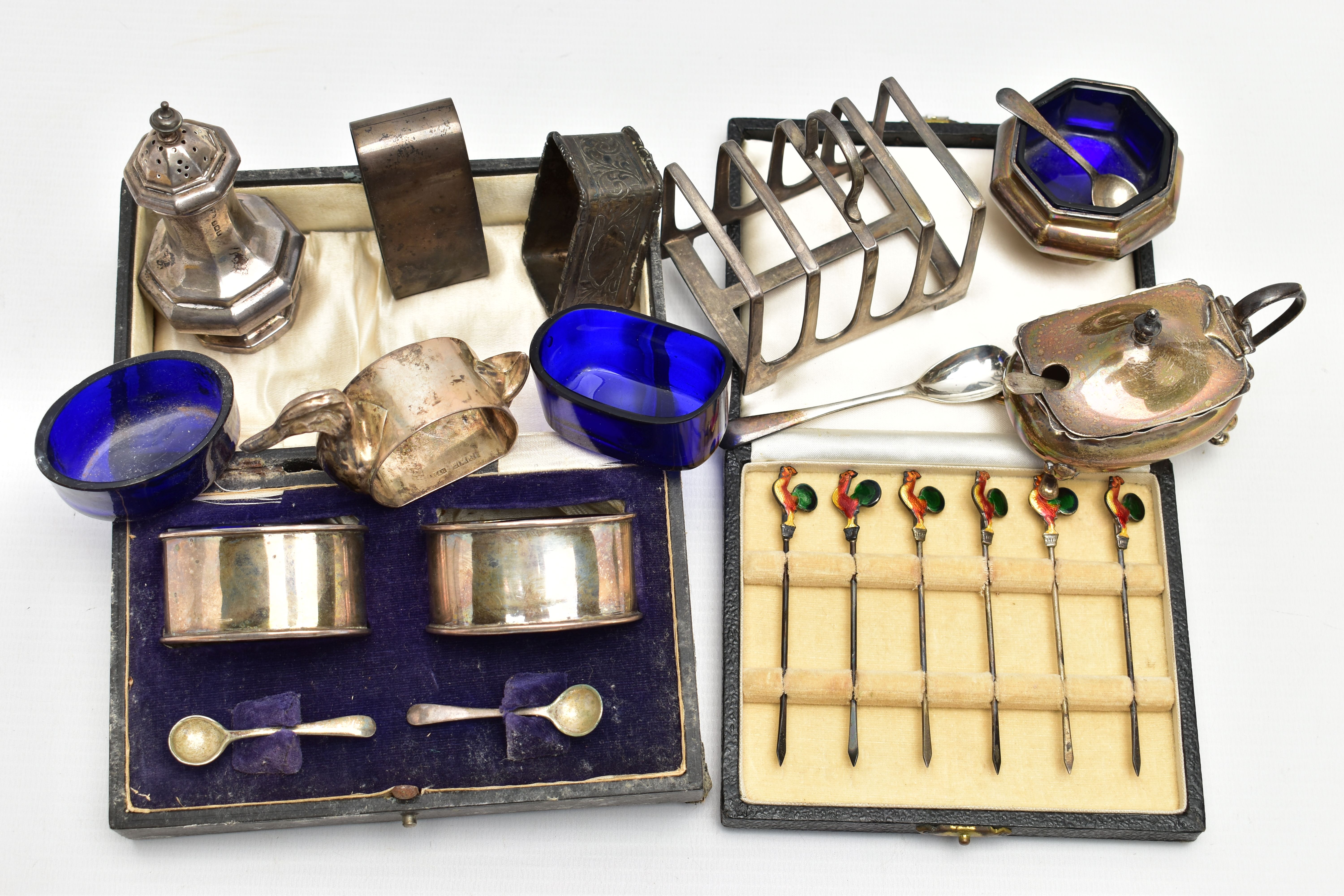 A PARCEL OF SILVER CRUET ITEMS, NAPKIN RINGS, TOAST RACK, ETC, including a cased set of six cocktail - Image 2 of 7