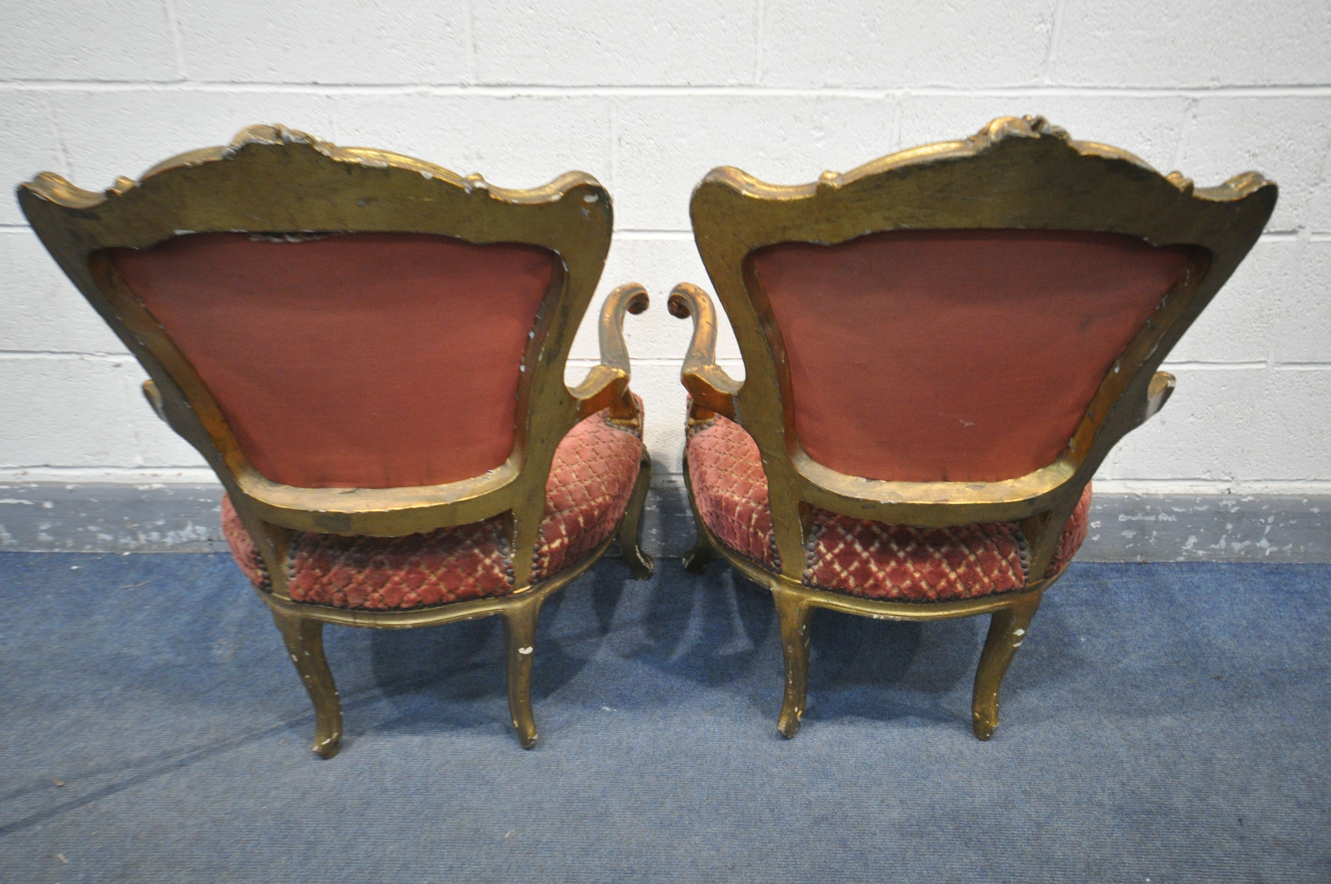 A PAIR OF 19TH CENTURY OR EARLIER LOUIS XV GILT FRAMED OPEN ARMCHAIRS, covered with later - Image 8 of 8