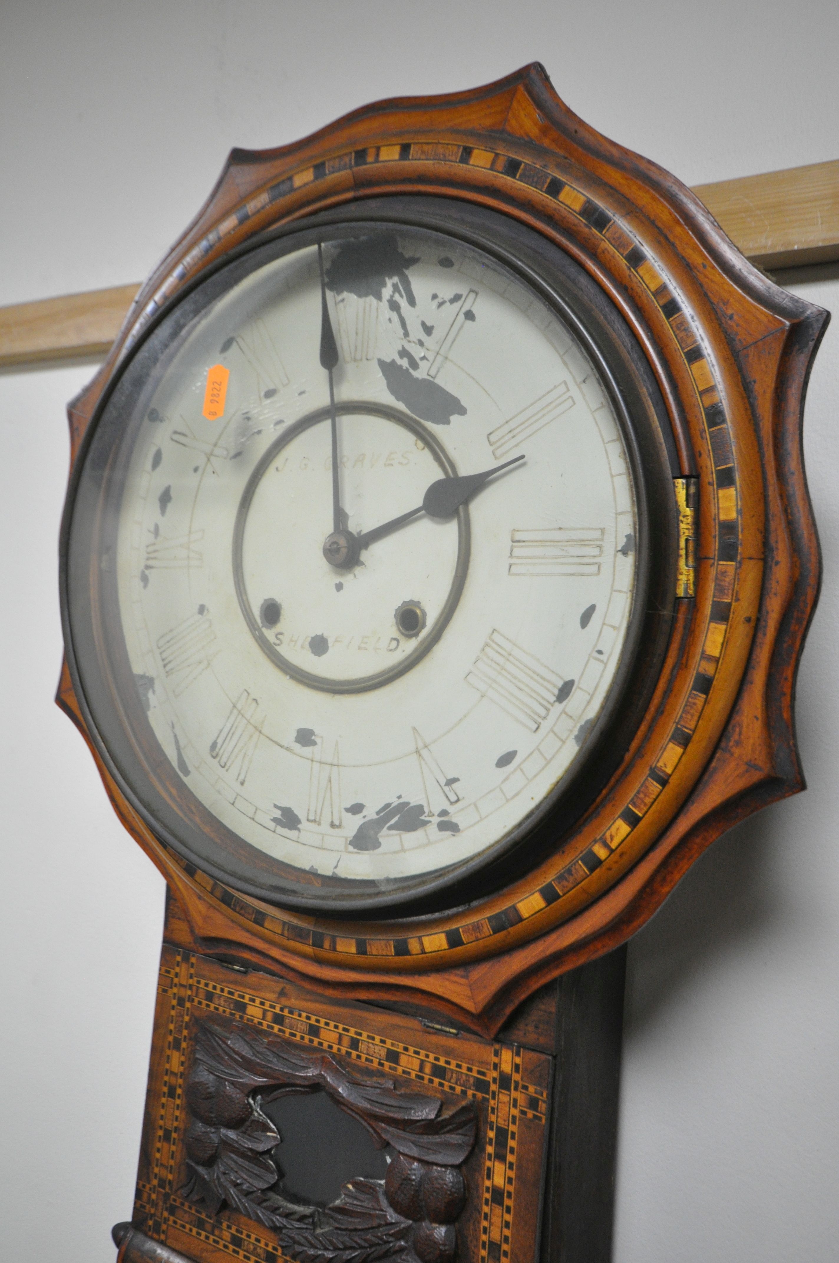 A 19TH CENTURY WALNUT AND INLAID DROP DIAL WALL CLOCK, the 11 inch dial is indistinctly marked - Image 3 of 9