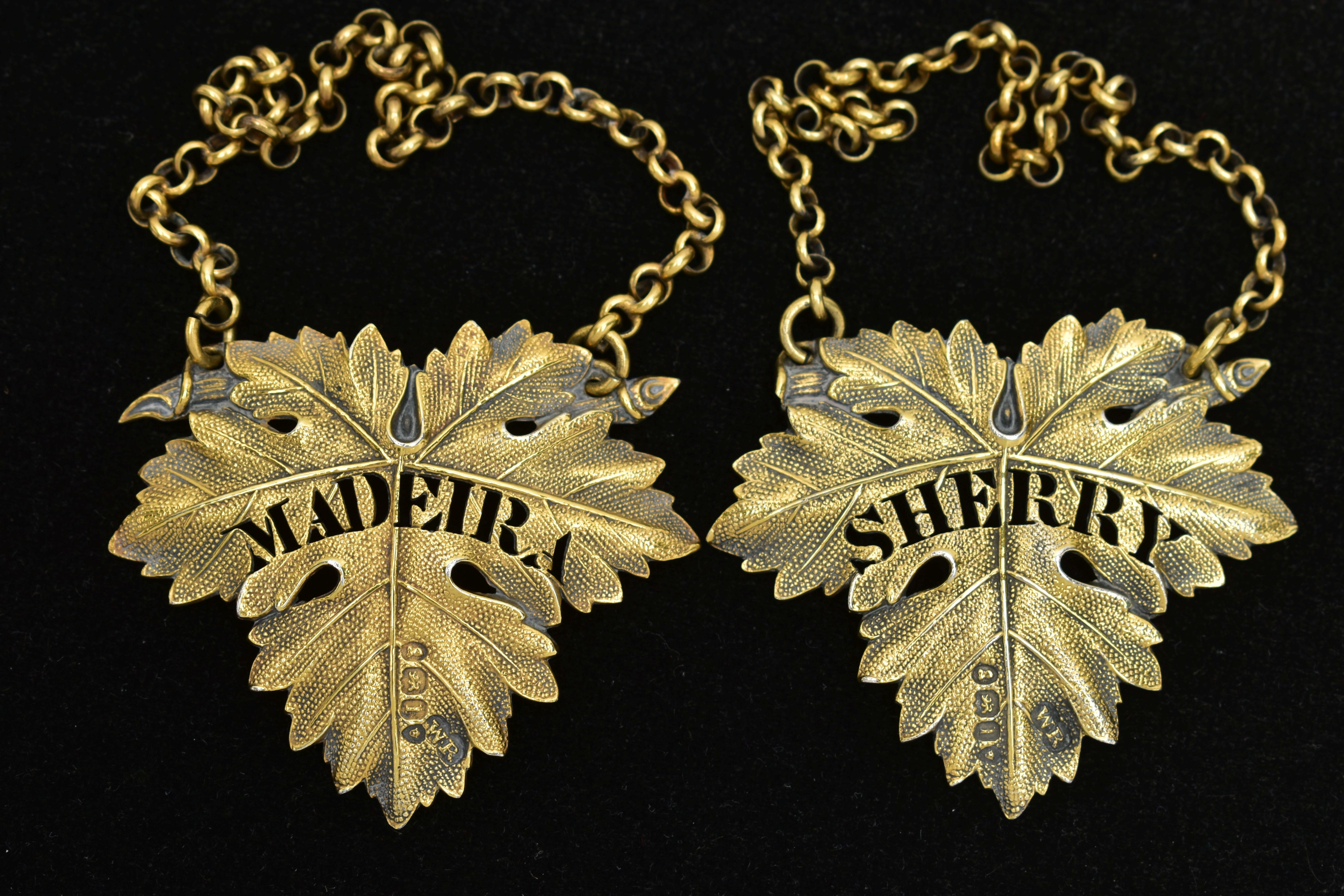 A PAIR OF GEORGE IV SILVER GILT DECANTER LABELS, cast as vine leaves, named for 'SHERRY' and ' - Image 3 of 3