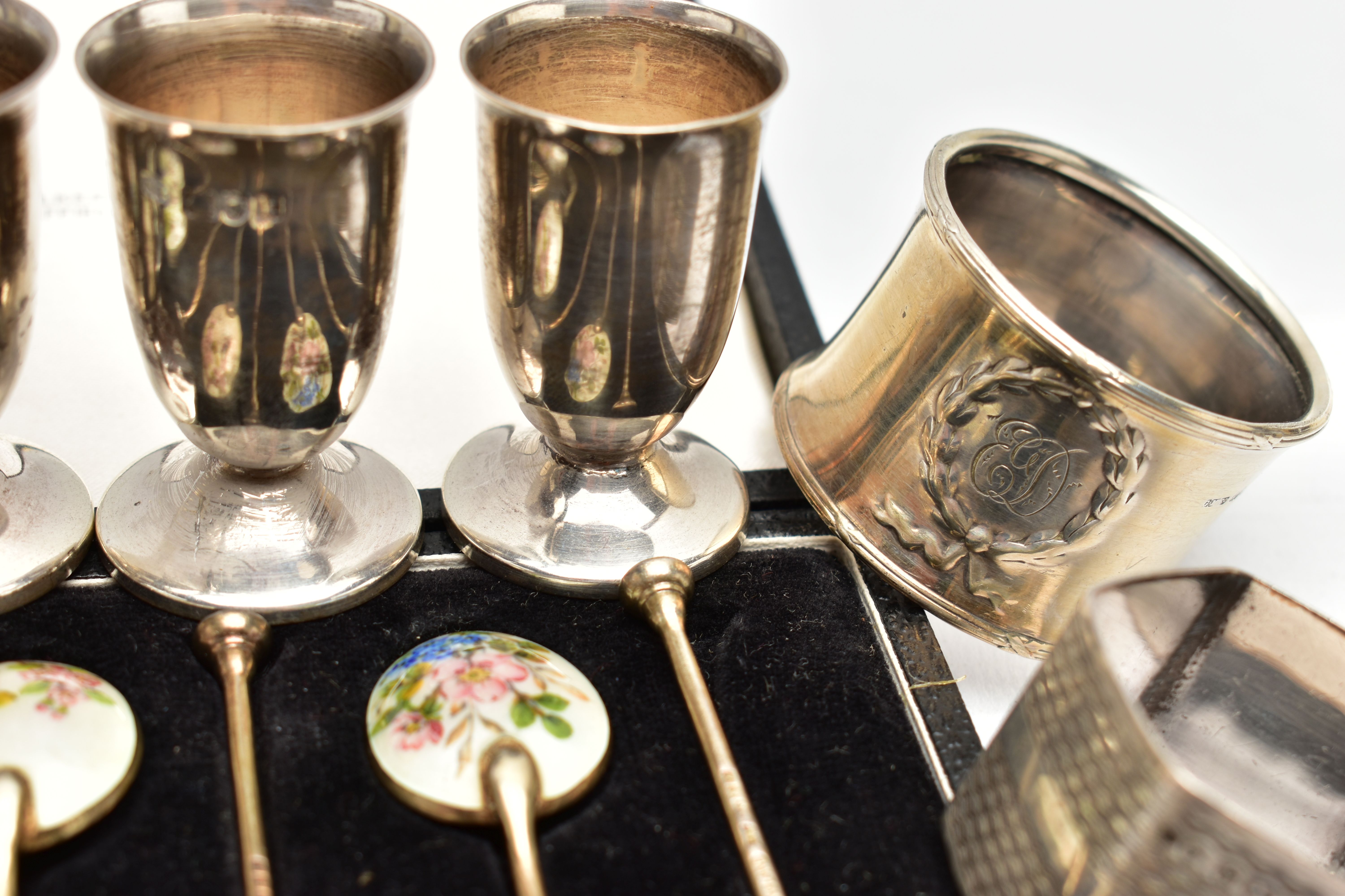 A CASED SET OF SIX ELIZABETH II SILVER GILT AND ENAMEL COFFEE SPOONS AND TEN OTHER SILVER ITEMS, - Image 6 of 8