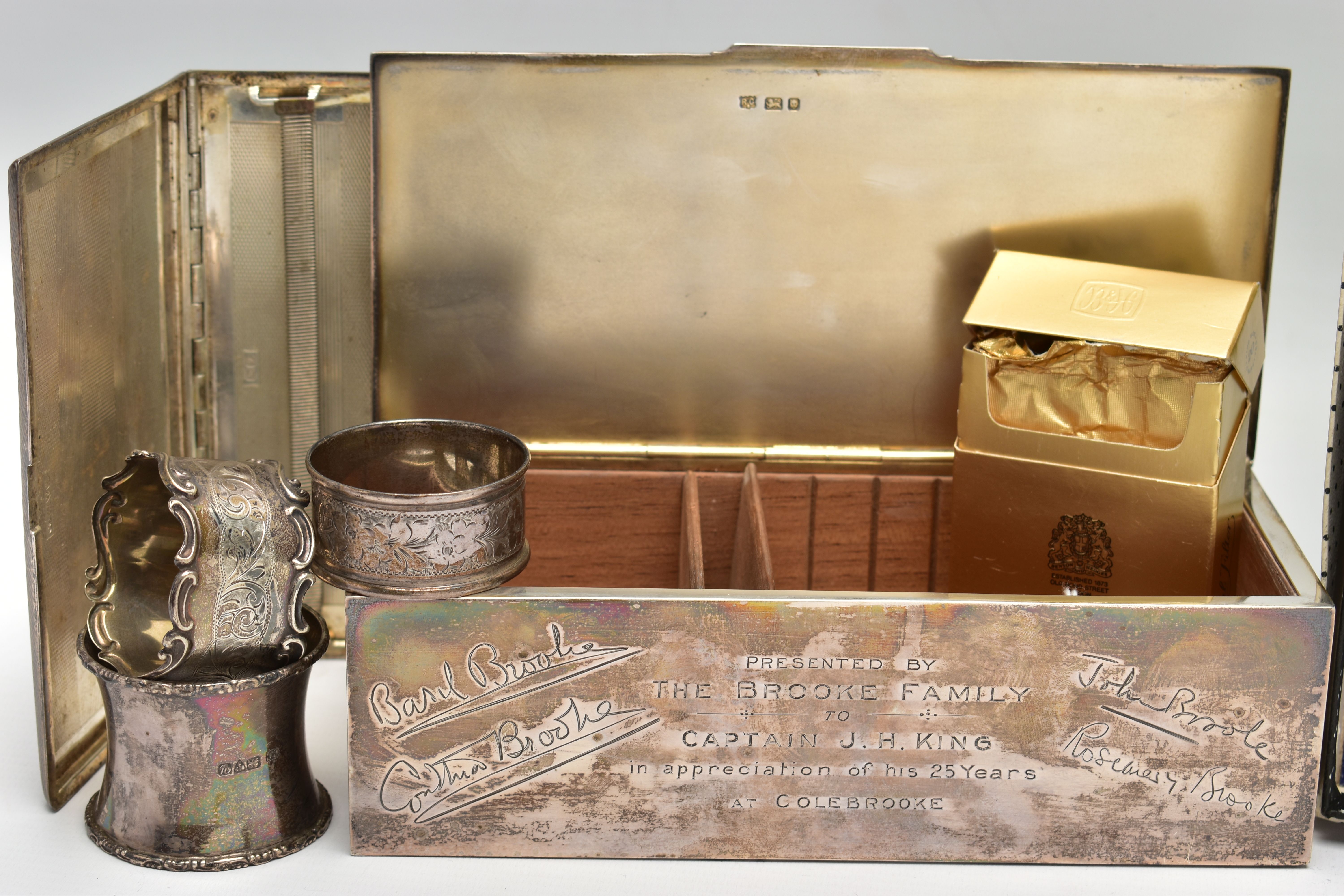 A GEORGE VI SILVER RECTANGULAR CIGARETTE BOX AND SIX OTHER SILVER ITEMS, the cigarette box with - Image 5 of 9