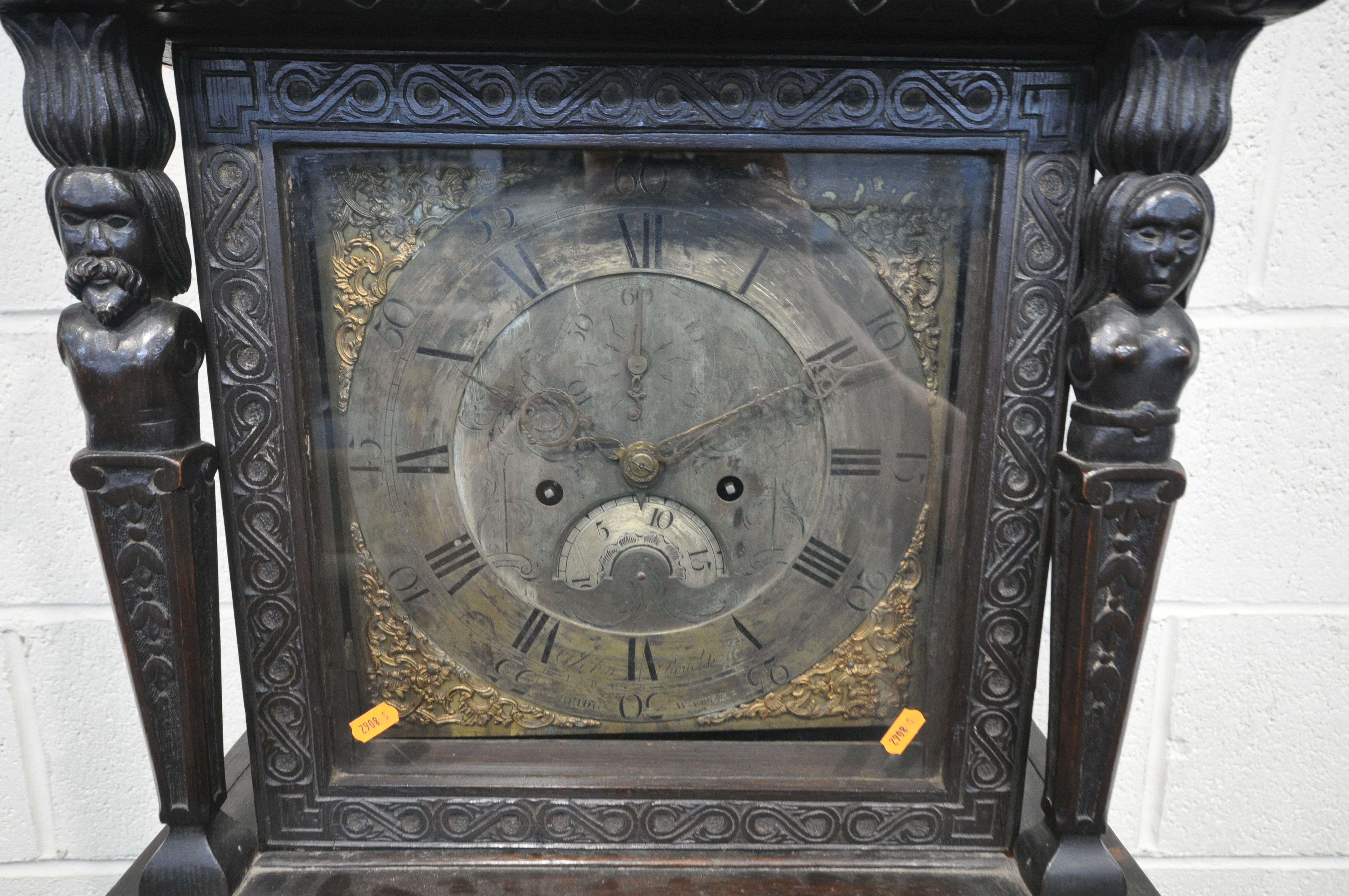 A HEAVILY CARVED EIGHT DAY LONGCASE CLOCK, the 11.5 inch brass and silvered dial singed John - Image 5 of 21