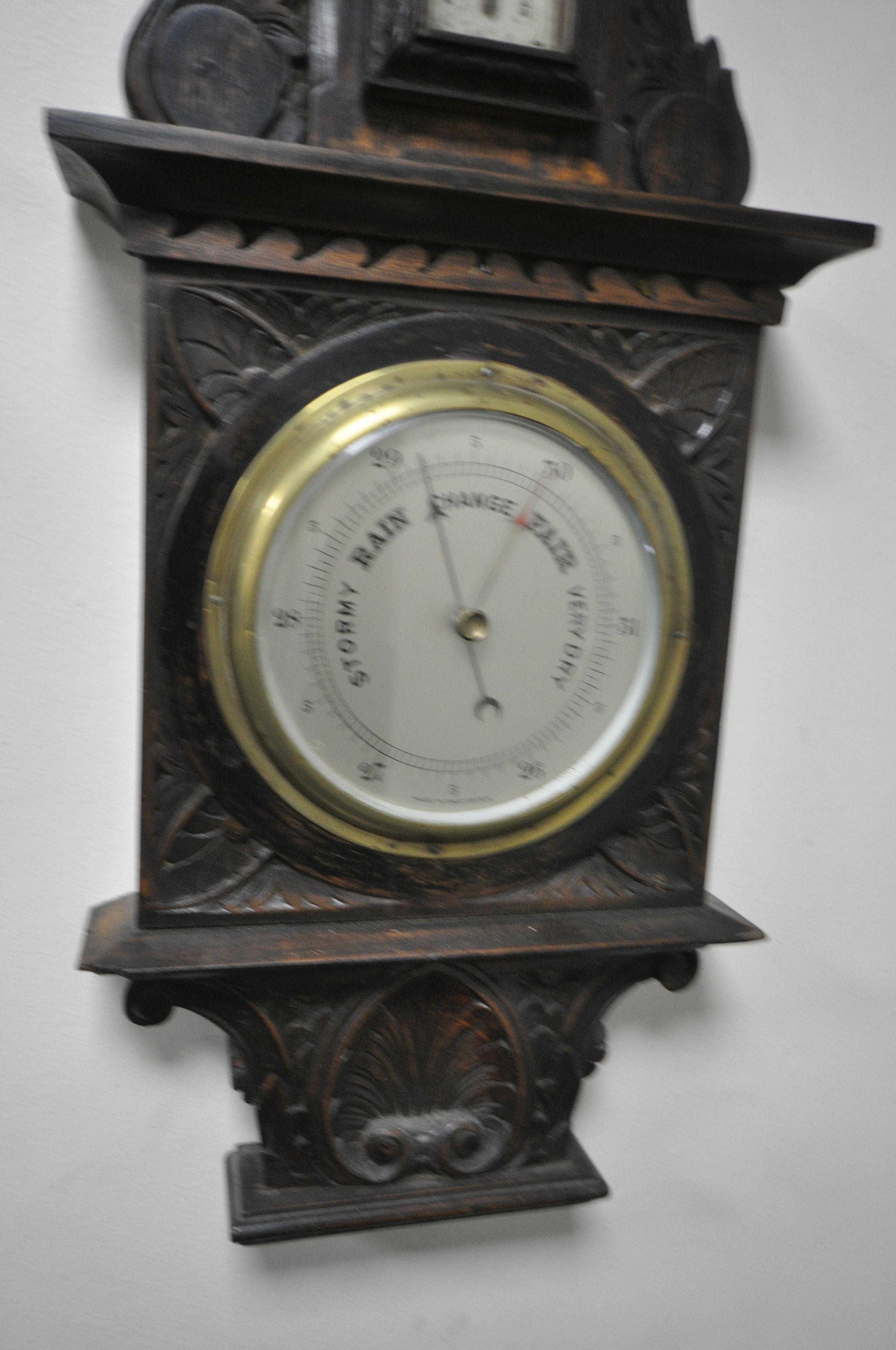 THREE LATE 19TH/EARLY 20TH CENTURY CARVED WOOD ANEROID BAROMETERS, all with thermometers and - Image 3 of 7