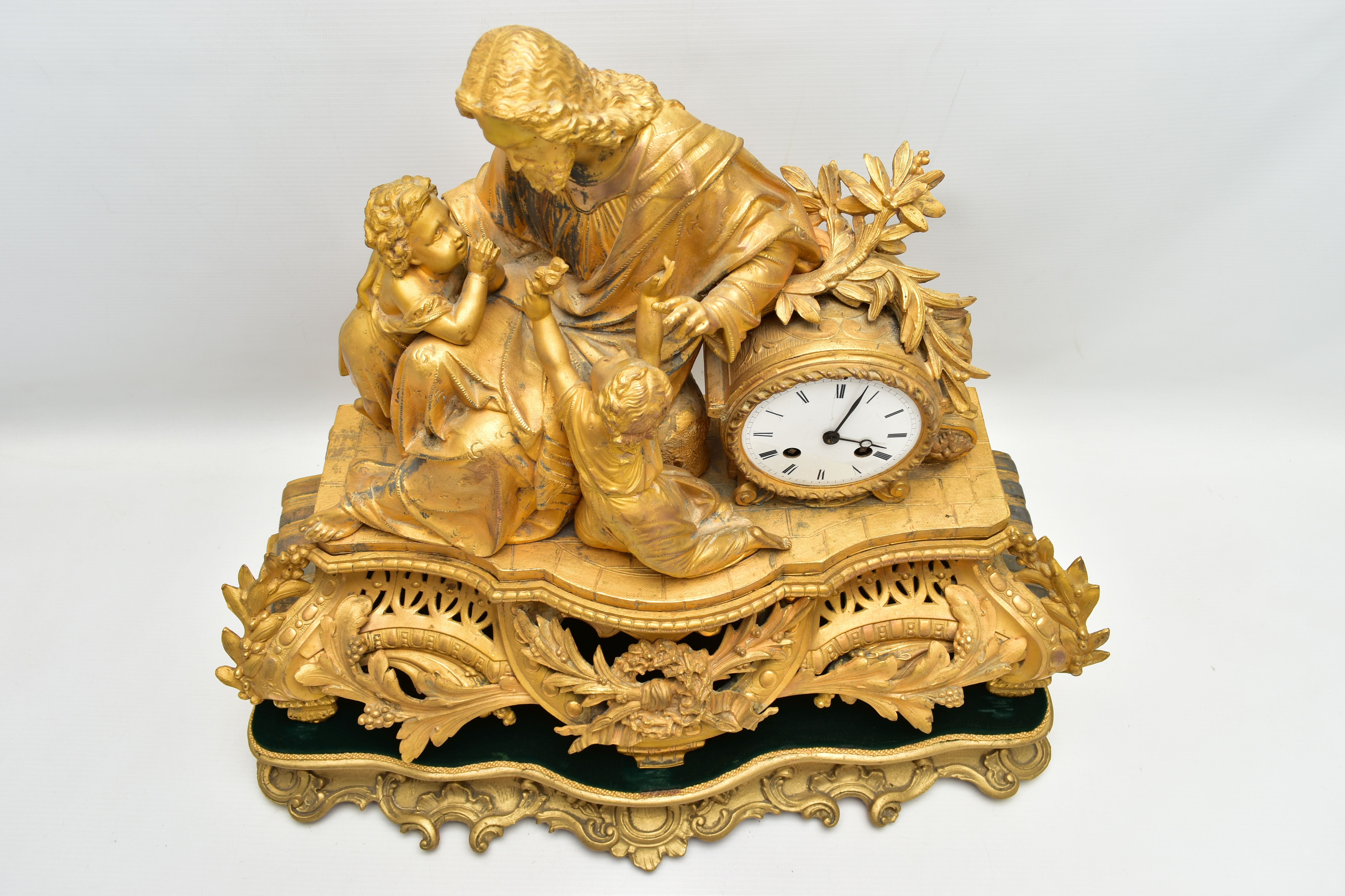 A MID 19TH CENTURY GILT METAL MANTEL CLOCK, cast with a seated figure of Christ and two children, - Image 5 of 11