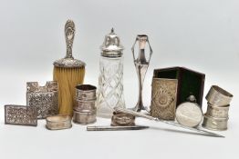 A PARCEL OF WHITE METAL AND SILVER, including a cased white metal filigree card case of