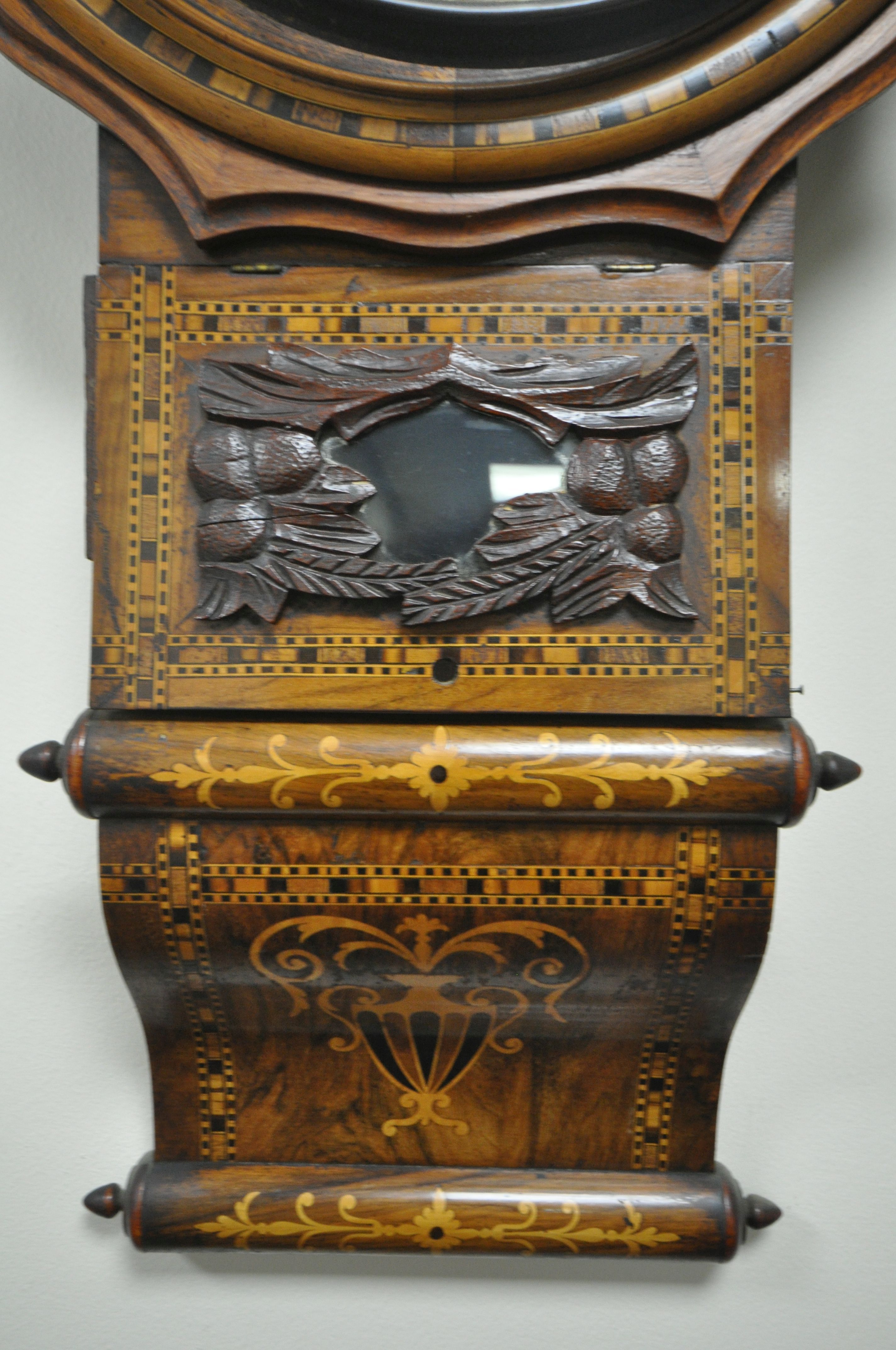 A 19TH CENTURY WALNUT AND INLAID DROP DIAL WALL CLOCK, the 11 inch dial is indistinctly marked - Image 4 of 9