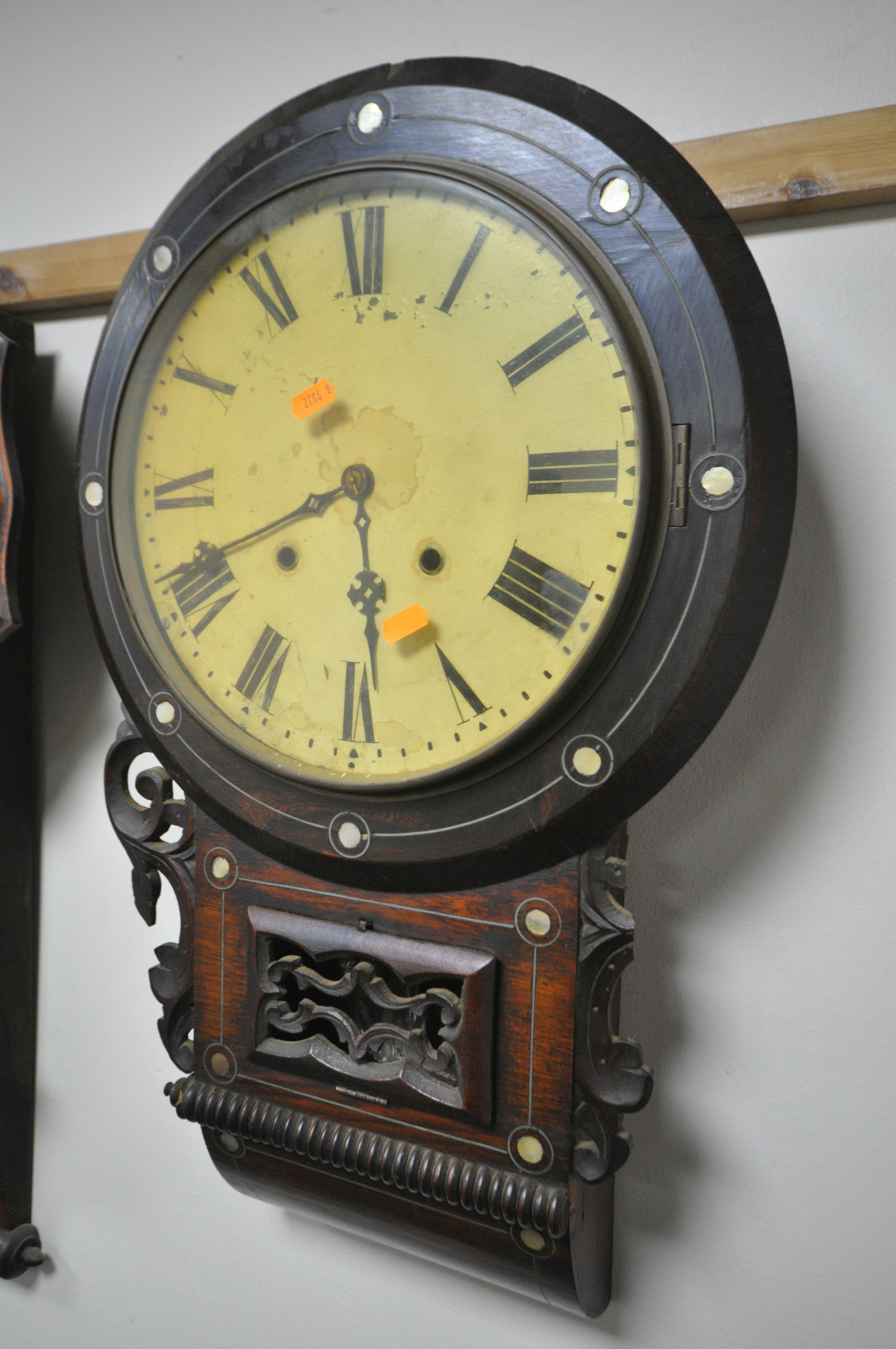 A 19TH CENTURY WALNUT AND INLAID DROP DIAL WALL CLOCK, the 11 inch dial is indistinctly marked - Image 6 of 9
