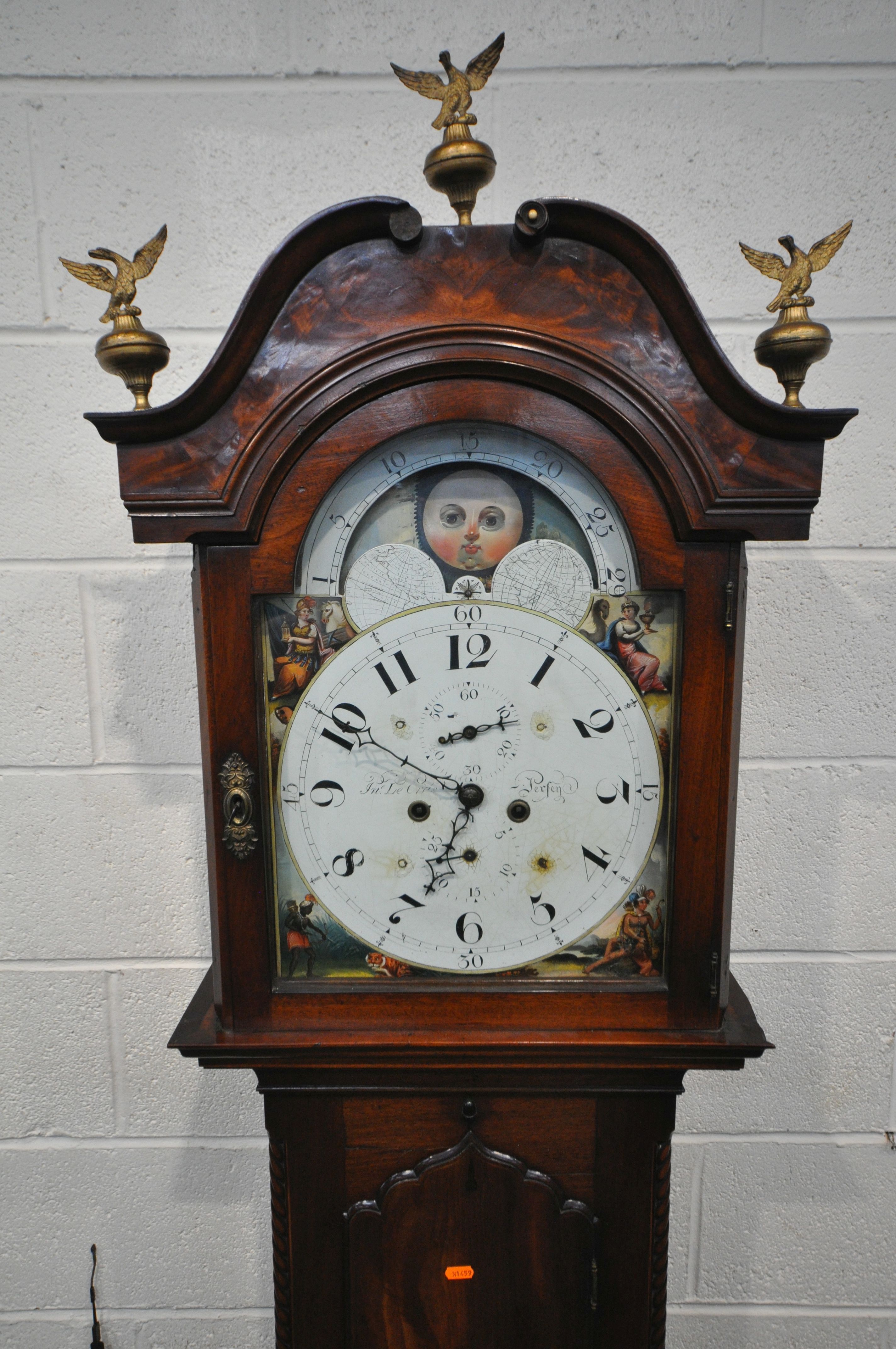 A REGENCY MAHOGANY EIGHT DAY LONGCASE CLOCK, the hood with three finials of a bird with open - Image 2 of 9
