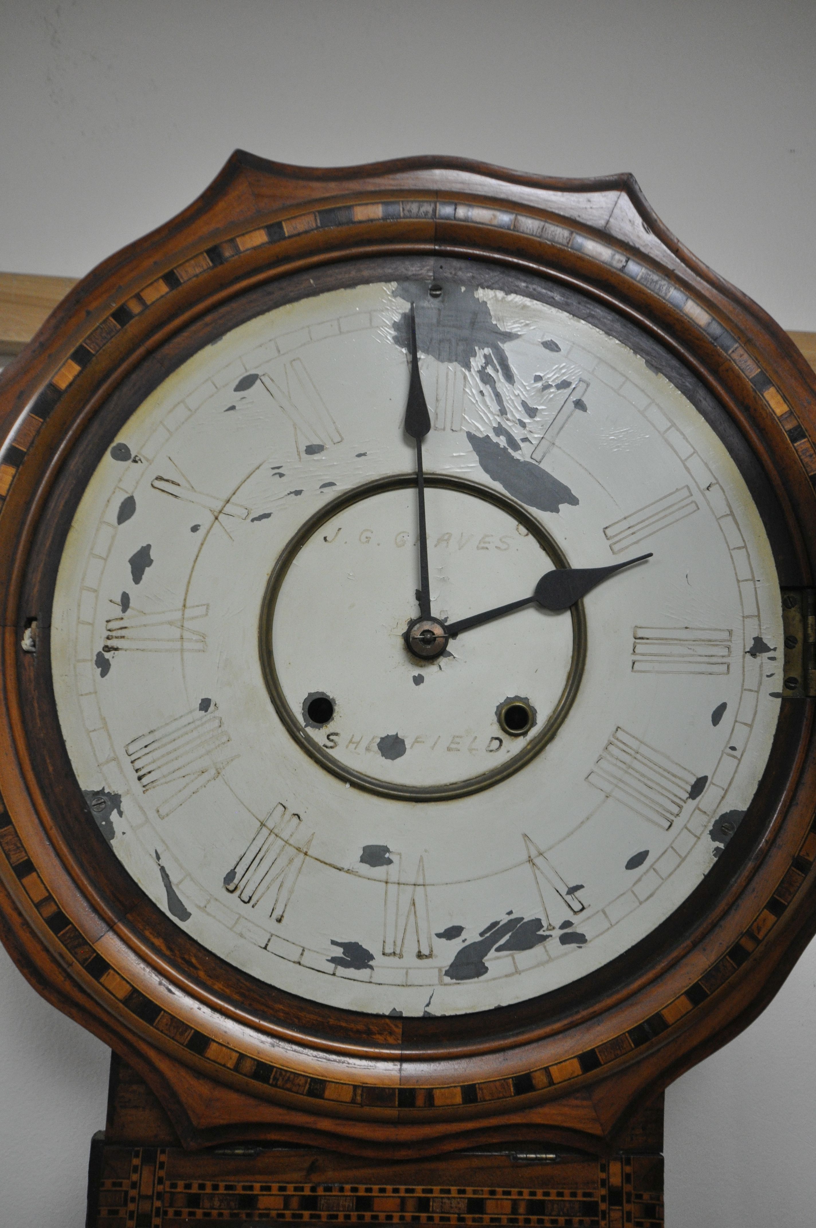 A 19TH CENTURY WALNUT AND INLAID DROP DIAL WALL CLOCK, the 11 inch dial is indistinctly marked - Image 5 of 9