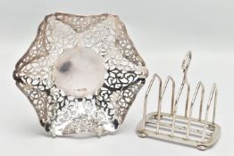 A GEORGE V SILVER FIVE BAR TOAST RACK AND AN ELIZABETH II PIERCED SILVER BONBON DISH OF SHAPED