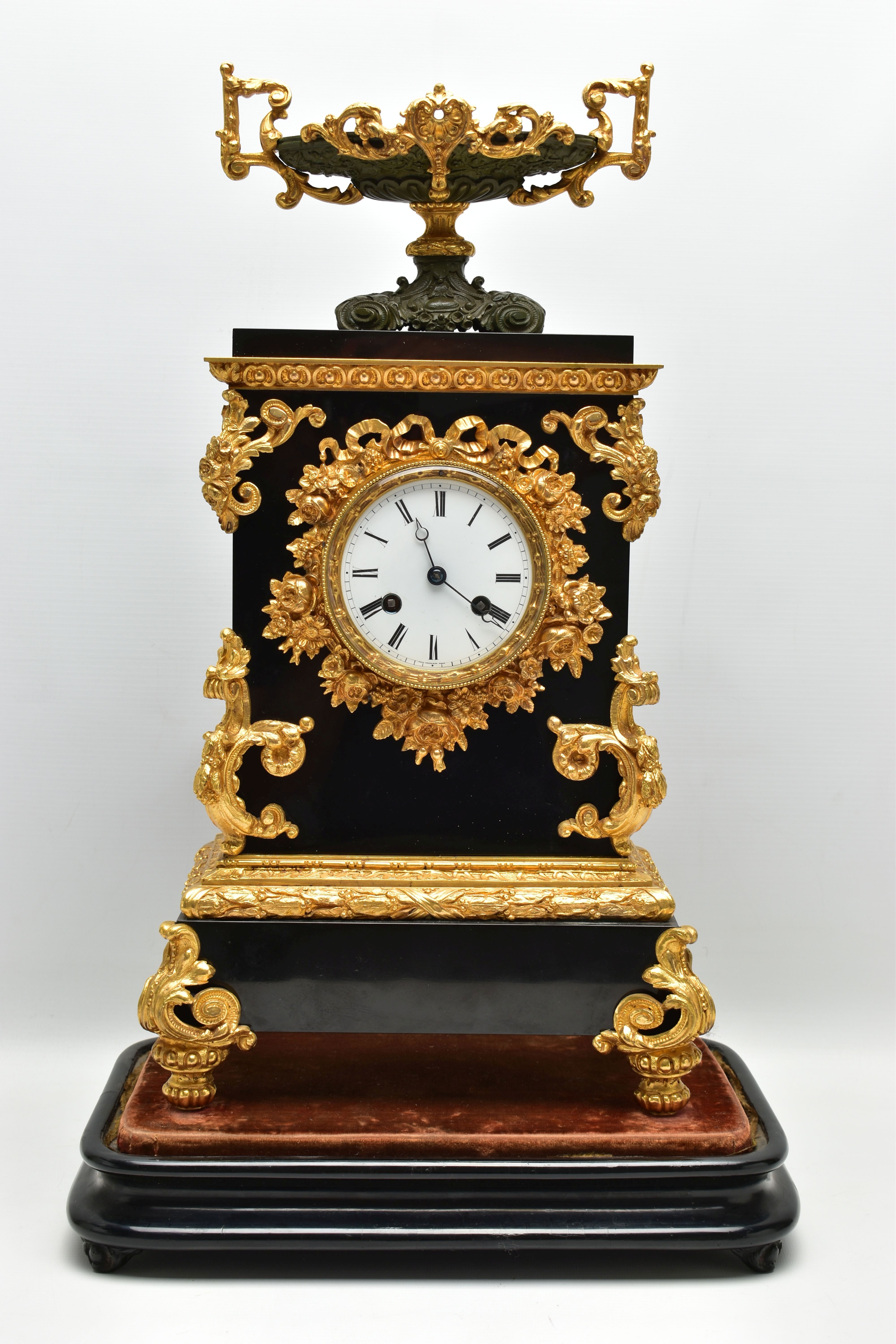 A LATE 19TH CENTURY BLACK SLATE AND GILT METAL CHARLES FRODSHAM OF PARIS MANTEL CLOCK UNDER A - Image 4 of 13