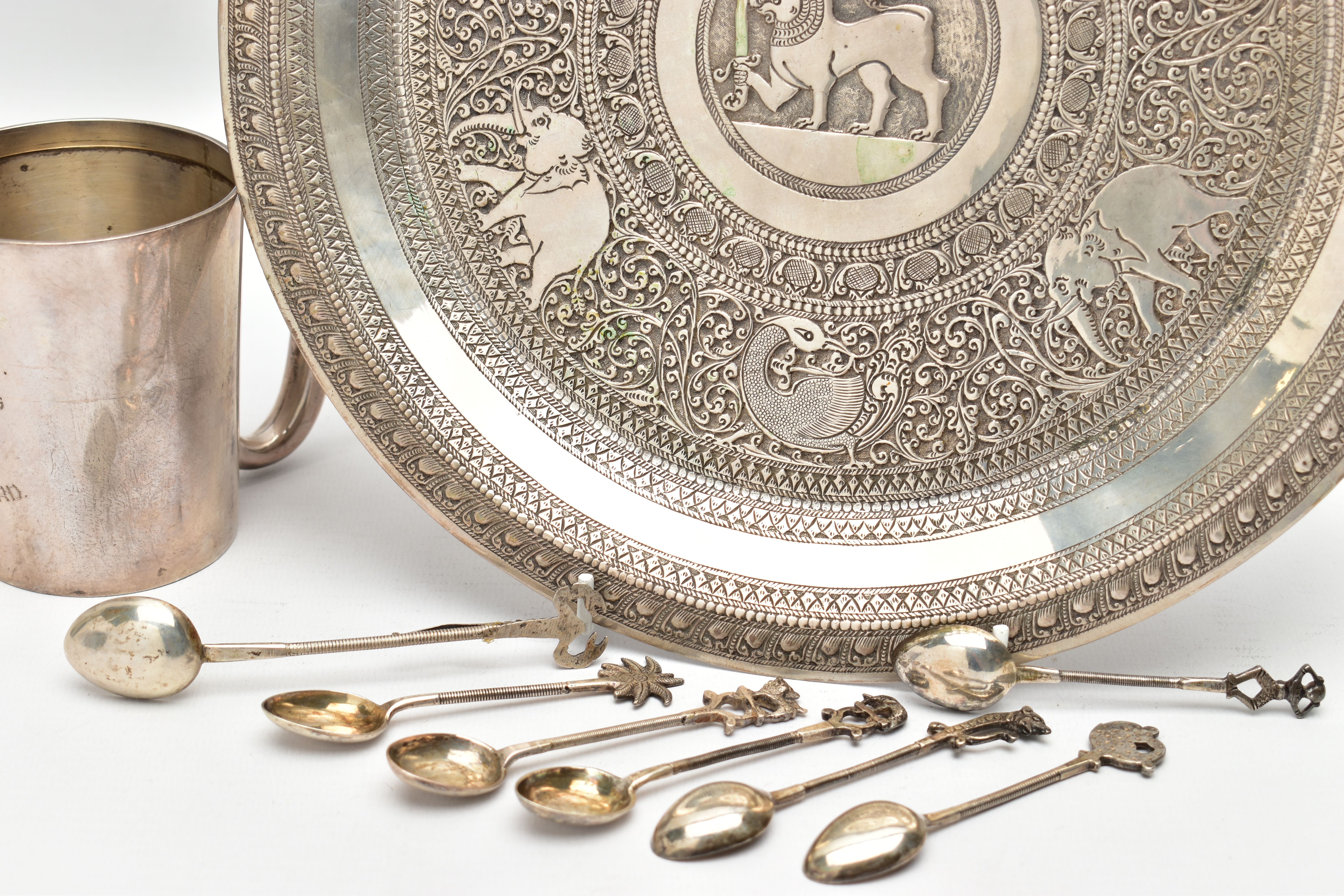 A GEORGE VI SILVER MUG, AN INDIAN WHITE METAL TRAY AND SEVEN INDIAN WHITE METAL COFFEE SPOONS, the - Image 7 of 10