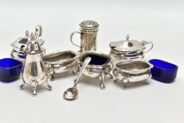 A GROUP OF FOUR SILVER CRUET ITEMS, TOGETHER WITH A SMALL QUANTITY OF EPNS ITEMS, to include a