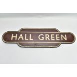 A BRITISH RAIL TOTEM STATION SIGN FOR 'HALL GREEN', WESTERN REGION, in barn find condition, length