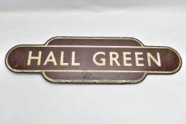 A BRITISH RAIL TOTEM STATION SIGN FOR 'HALL GREEN', WESTERN REGION, in barn find condition, length