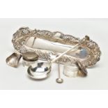 A SELECTION OF EARLY 20TH CENTURY SILVER AND WHITE METAL ITEMS, to include a silver pen tray, with