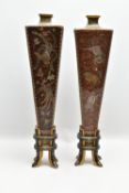 A PAIR OF LATE 19TH / EARLY 20TH CENTURY JAPANESE CLOISONNE VASES OF SQUARE TAPERING FORM ON