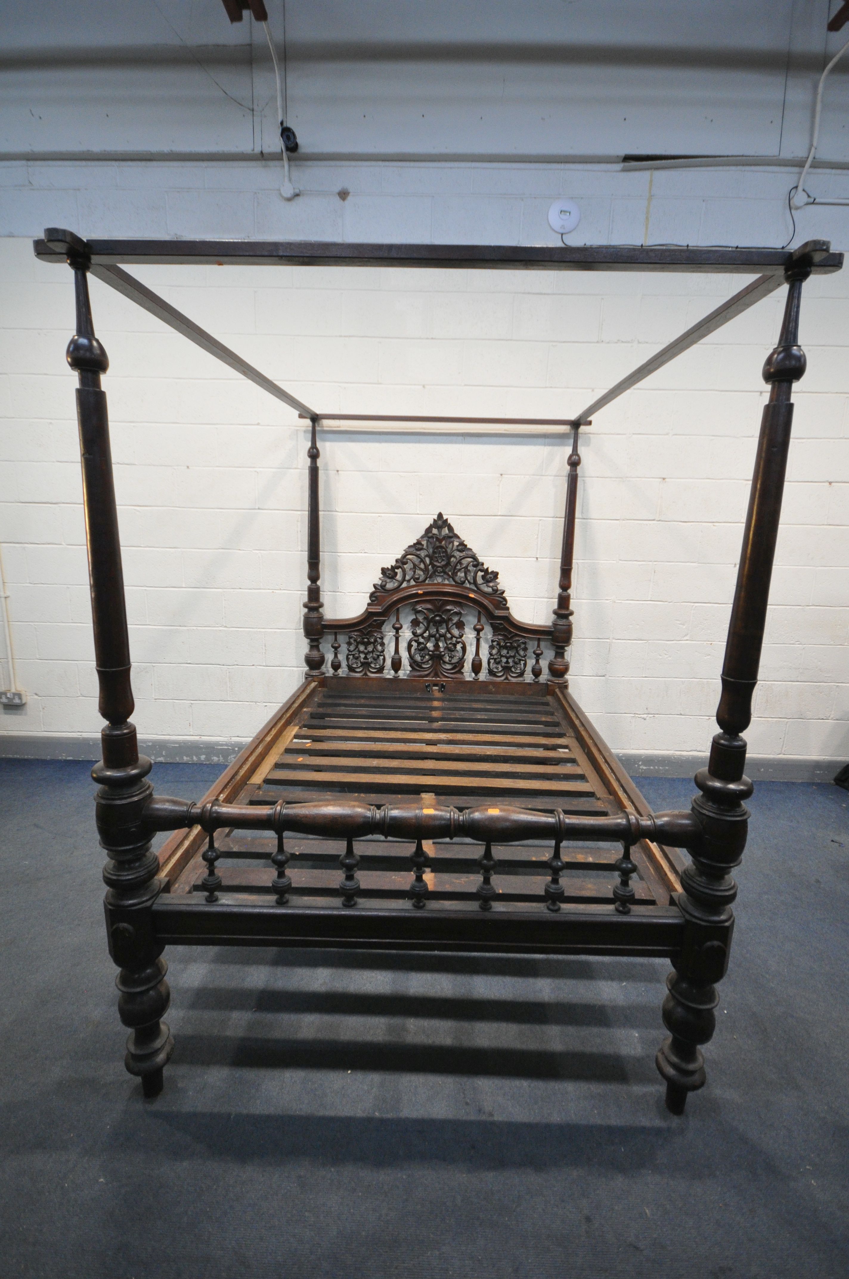 AN 18TH CENTURY OAK AND MAHOGANY 4FT6 FOUR POSTER BED, having a foliate open fretwork headboard, - Image 2 of 9