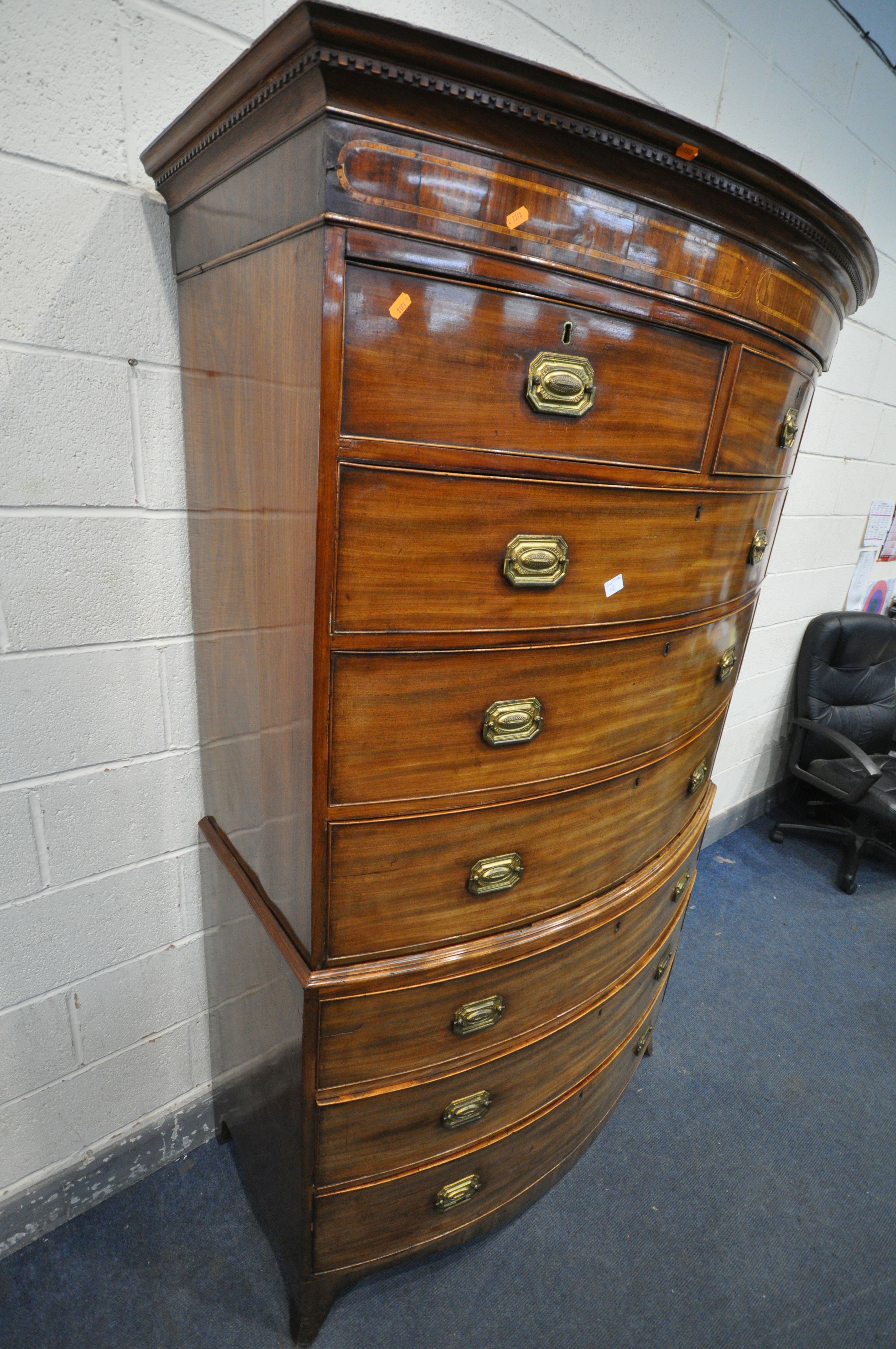 A GEORGE IV WALNUT BOWFRONT CHEST ON CHEST, of two short over six long graduated drawers, brass - Image 2 of 11