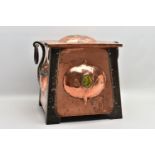 AN ARTS AND CRAFTS COPPER PURDONIUM, the square hinged cover with central oval dome set with a