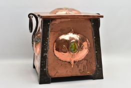 AN ARTS AND CRAFTS COPPER PURDONIUM, the square hinged cover with central oval dome set with a