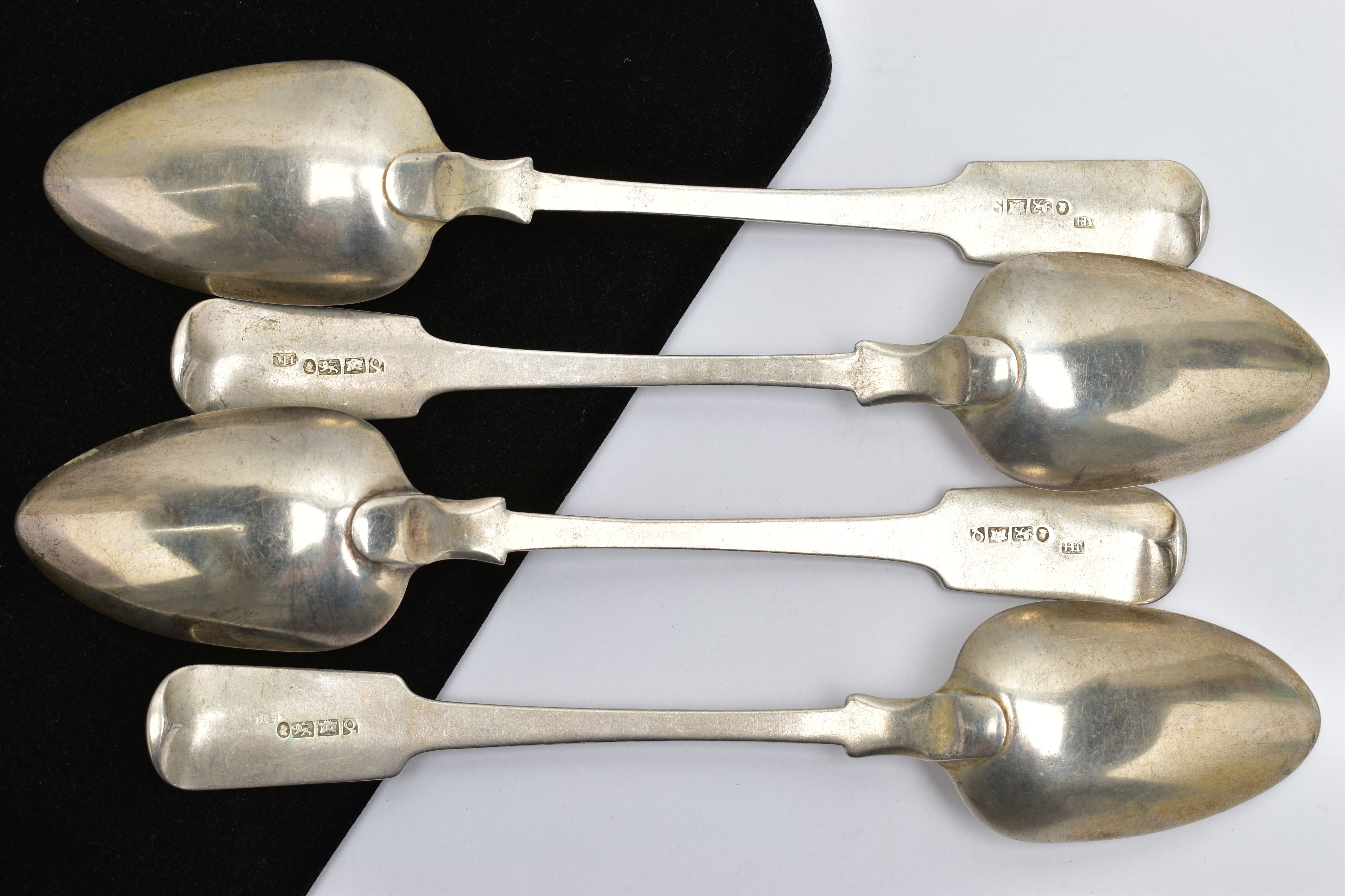 A SET OF FOUR GEORGE III EXETER SILVER FIDDLE PATTERN TABLESPOONS, engraved initial G, maker - Image 3 of 4