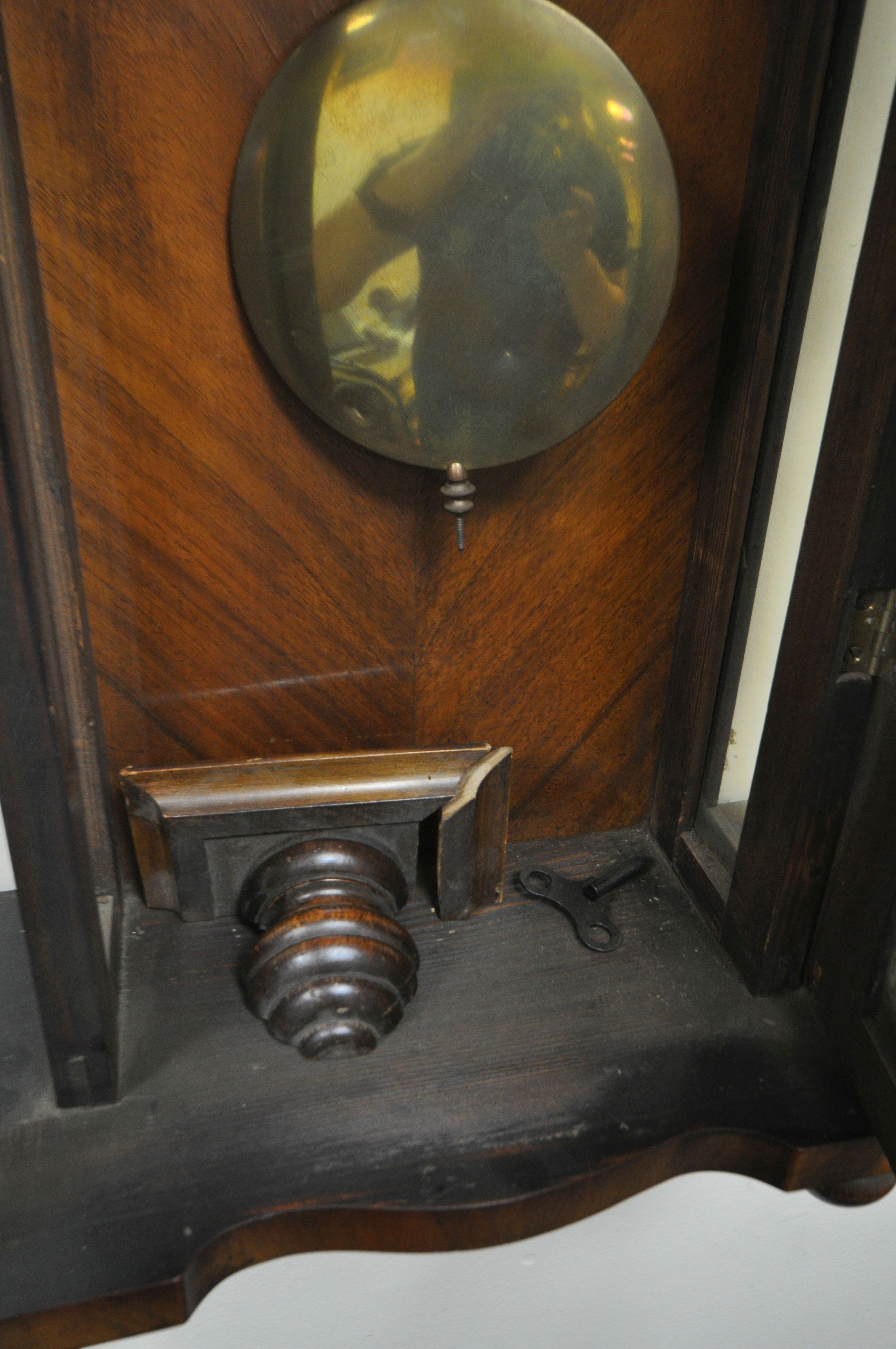 A LATE 19TH CENTURY WALNUT VIENNA WALL CLOCK, with a resin horse pediment, turned pillars to the - Image 5 of 5