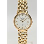 A JEAN JACOT GENEVE YELLOW METAL QUARTZ WRISTWATCH, the white dial with gold tone hourly applied