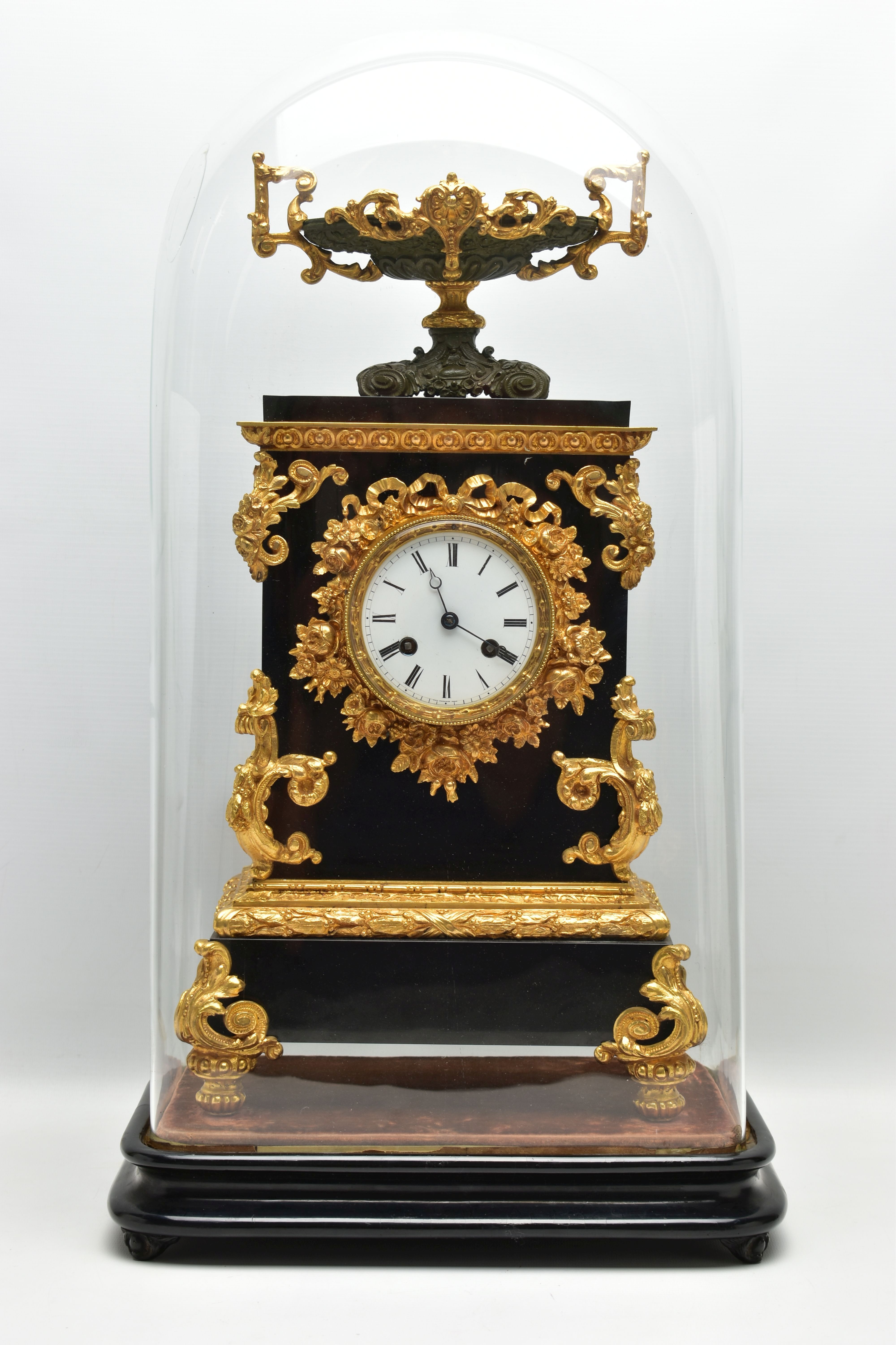 A LATE 19TH CENTURY BLACK SLATE AND GILT METAL CHARLES FRODSHAM OF PARIS MANTEL CLOCK UNDER A