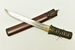 A JAPANESE DAGGER WITH A THREAD BOUND HANDLE, which is held in its scabbard by the handles of two
