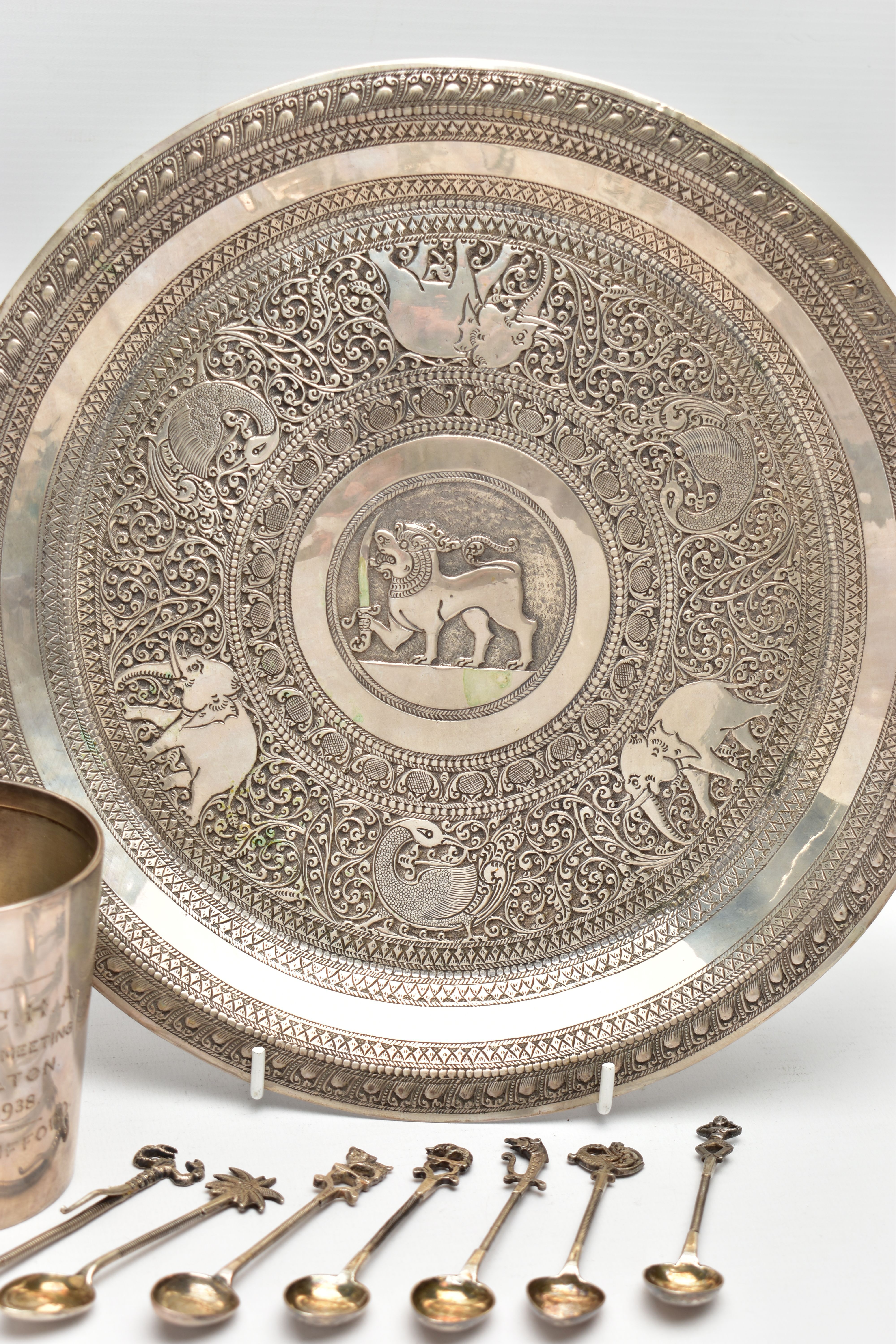 A GEORGE VI SILVER MUG, AN INDIAN WHITE METAL TRAY AND SEVEN INDIAN WHITE METAL COFFEE SPOONS, the - Image 2 of 10