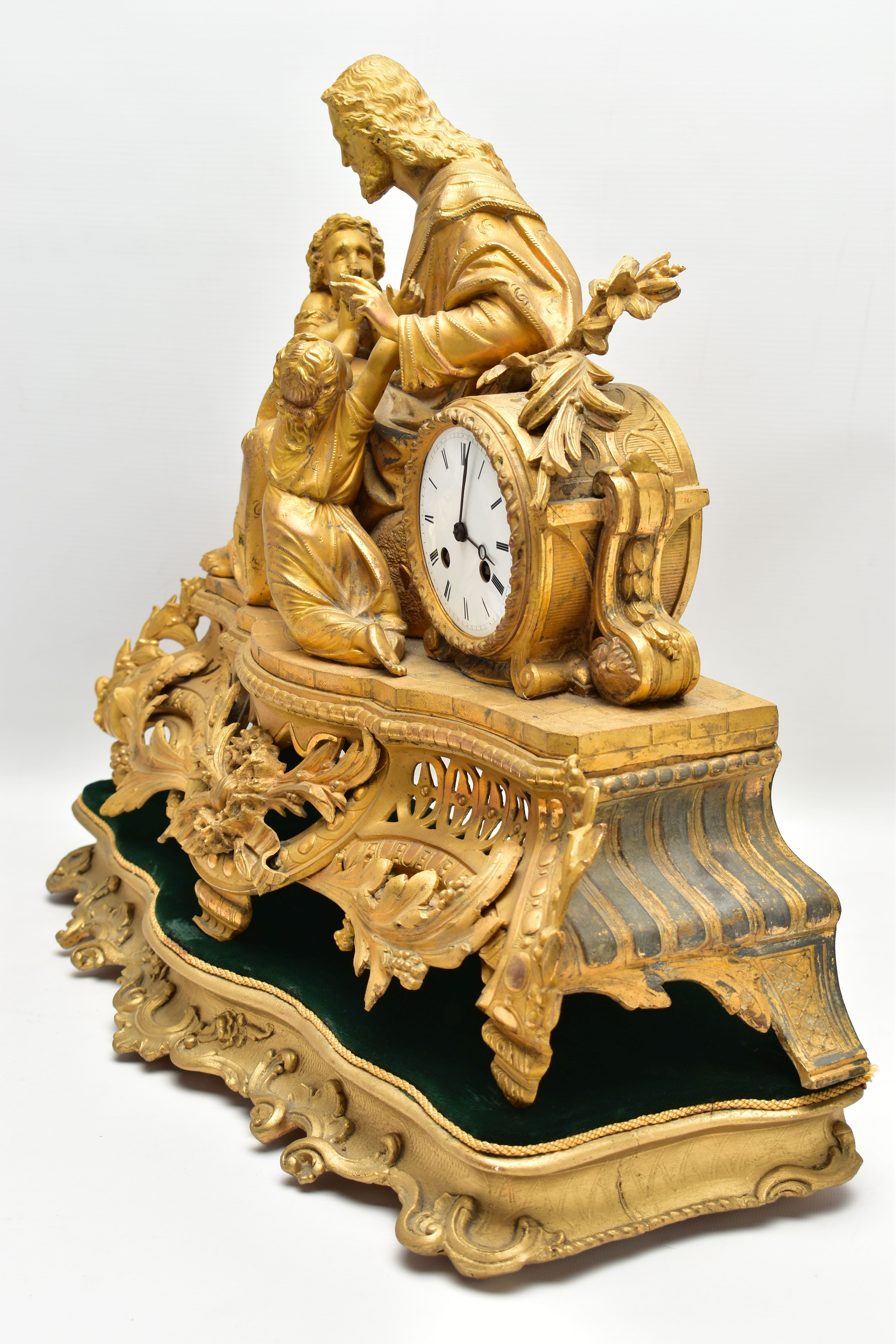 A MID 19TH CENTURY GILT METAL MANTEL CLOCK, cast with a seated figure of Christ and two children, - Image 8 of 11