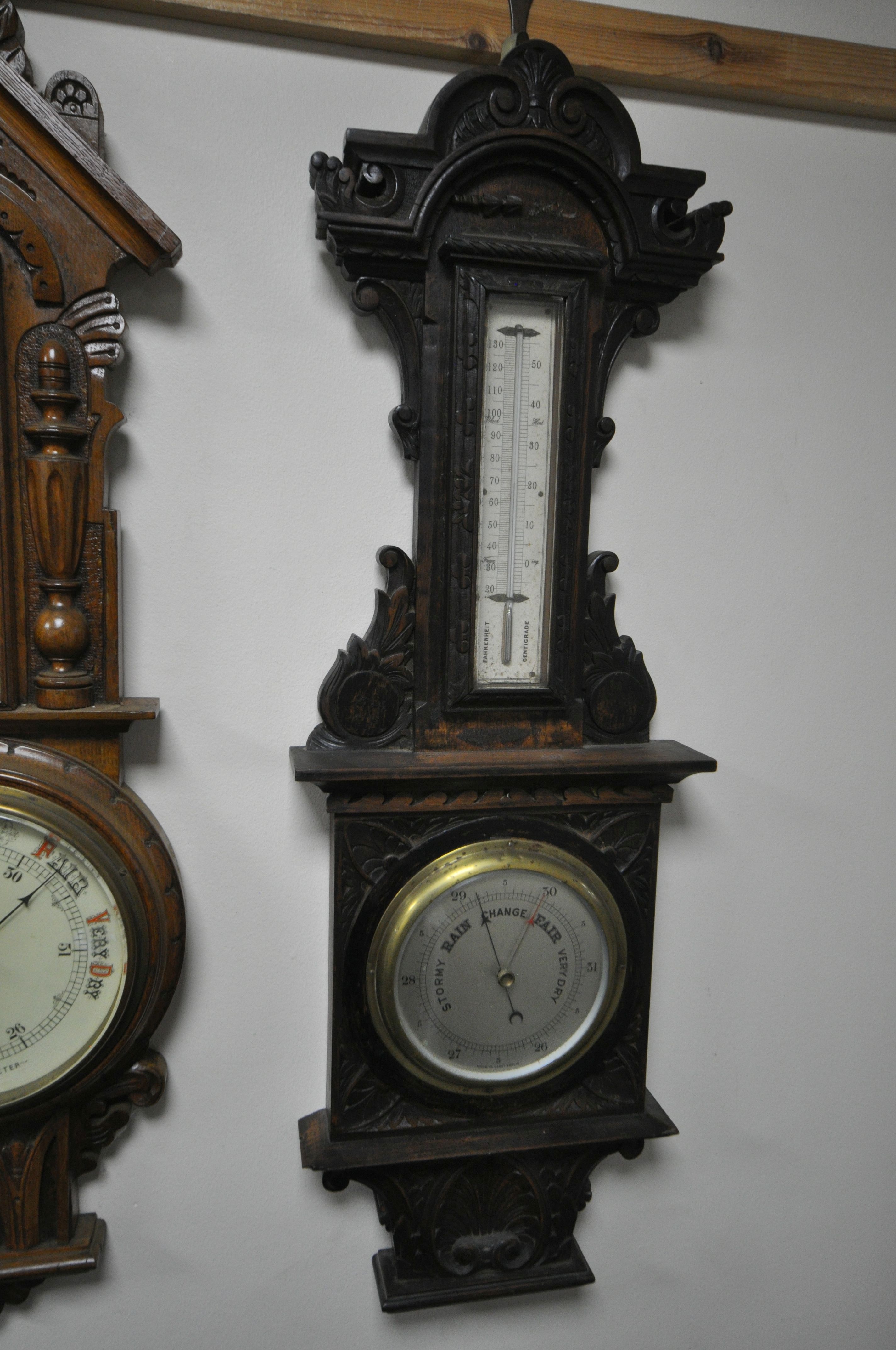 THREE LATE 19TH/EARLY 20TH CENTURY CARVED WOOD ANEROID BAROMETERS, all with thermometers and - Image 2 of 7