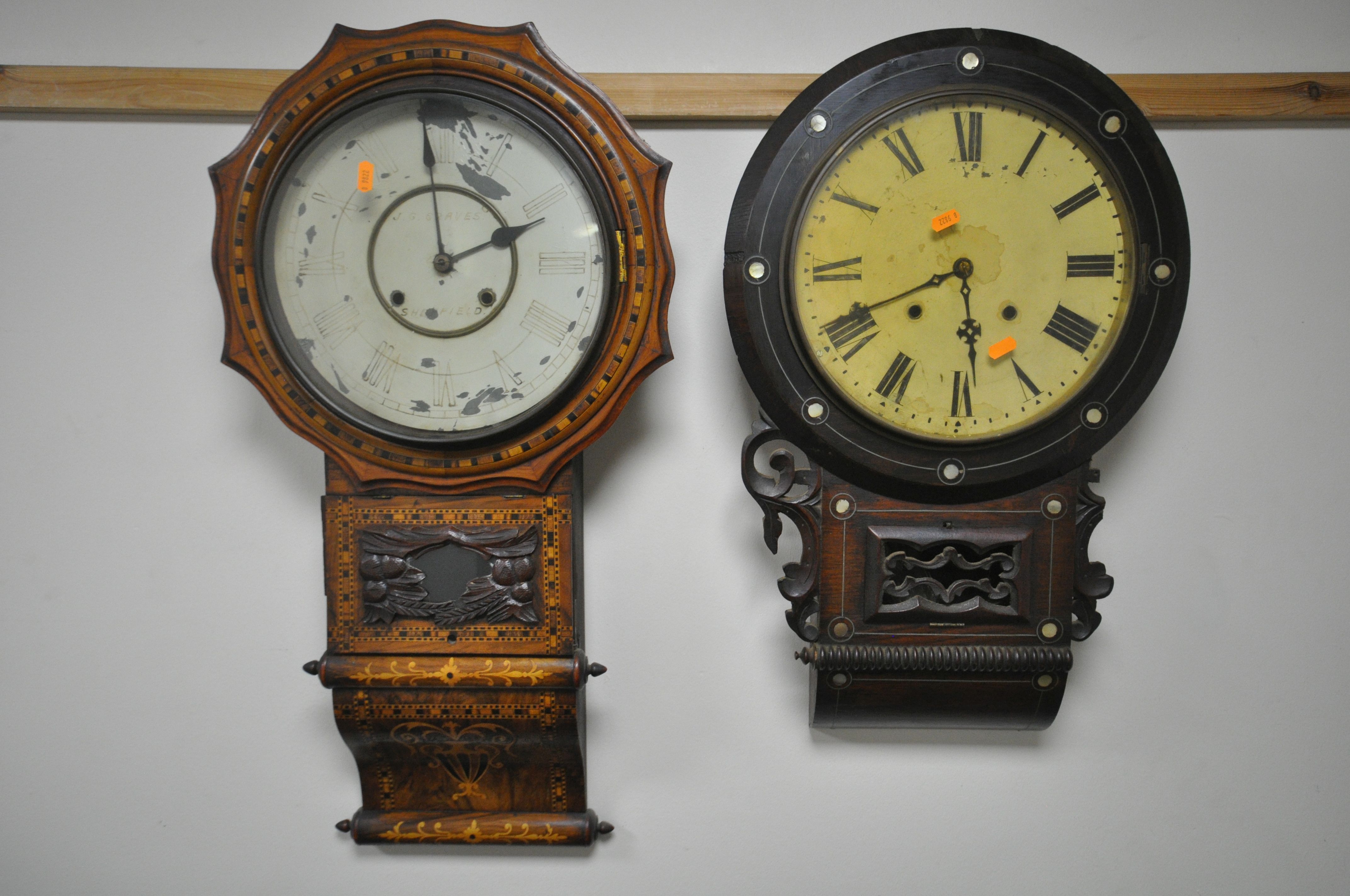 A 19TH CENTURY WALNUT AND INLAID DROP DIAL WALL CLOCK, the 11 inch dial is indistinctly marked