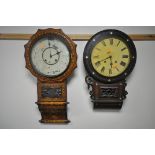 A 19TH CENTURY WALNUT AND INLAID DROP DIAL WALL CLOCK, the 11 inch dial is indistinctly marked