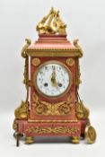 A MID 19TH CENTURY FRENCH RED MARBLE AND ORMOLU MANTEL CLOCK, the stepped rectangular top with