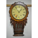 A 19TH CENTURY ROSEWOOD AND INLAID GOTHIC STYLE DROP DIAL WALL CLOCK, the enamel dial with Roman