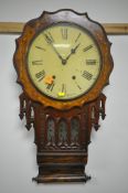 A 19TH CENTURY ROSEWOOD AND INLAID GOTHIC STYLE DROP DIAL WALL CLOCK, the enamel dial with Roman