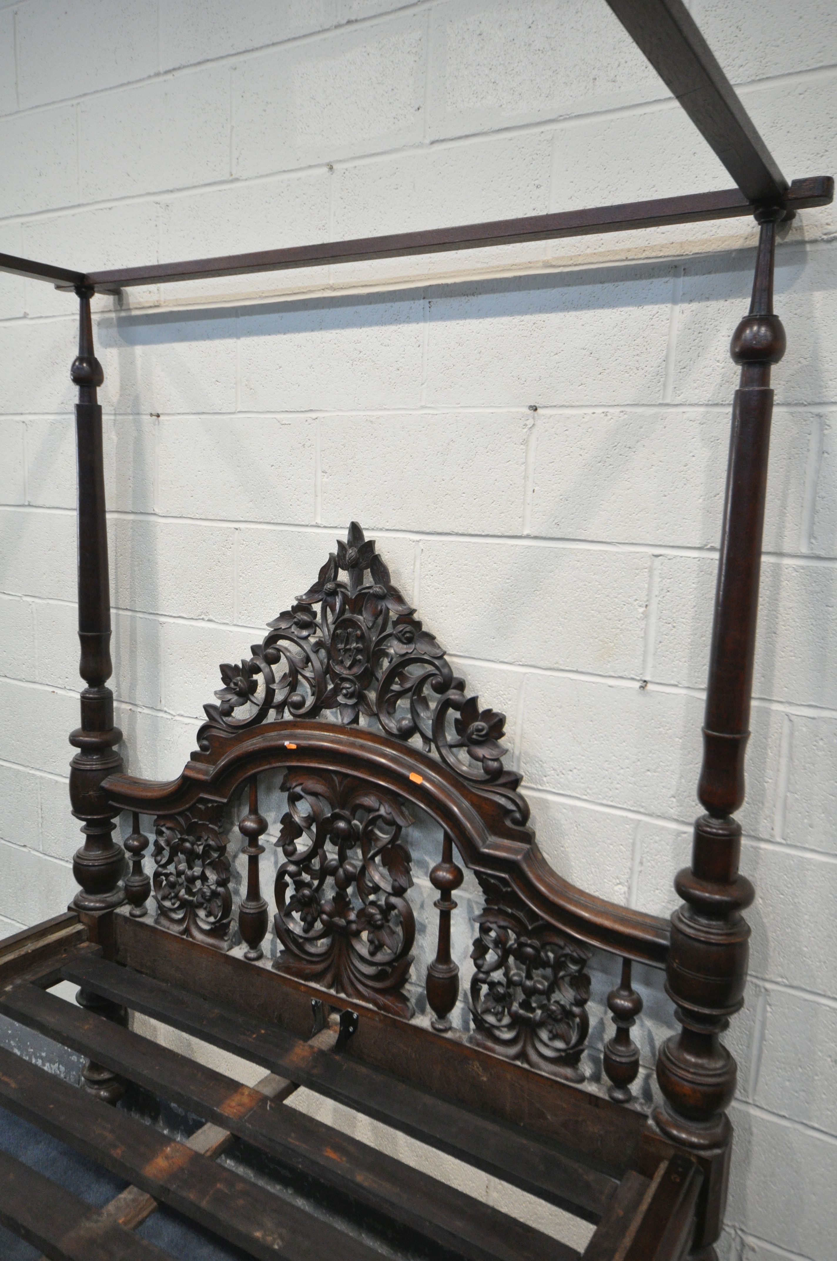 AN 18TH CENTURY OAK AND MAHOGANY 4FT6 FOUR POSTER BED, having a foliate open fretwork headboard, - Image 3 of 9