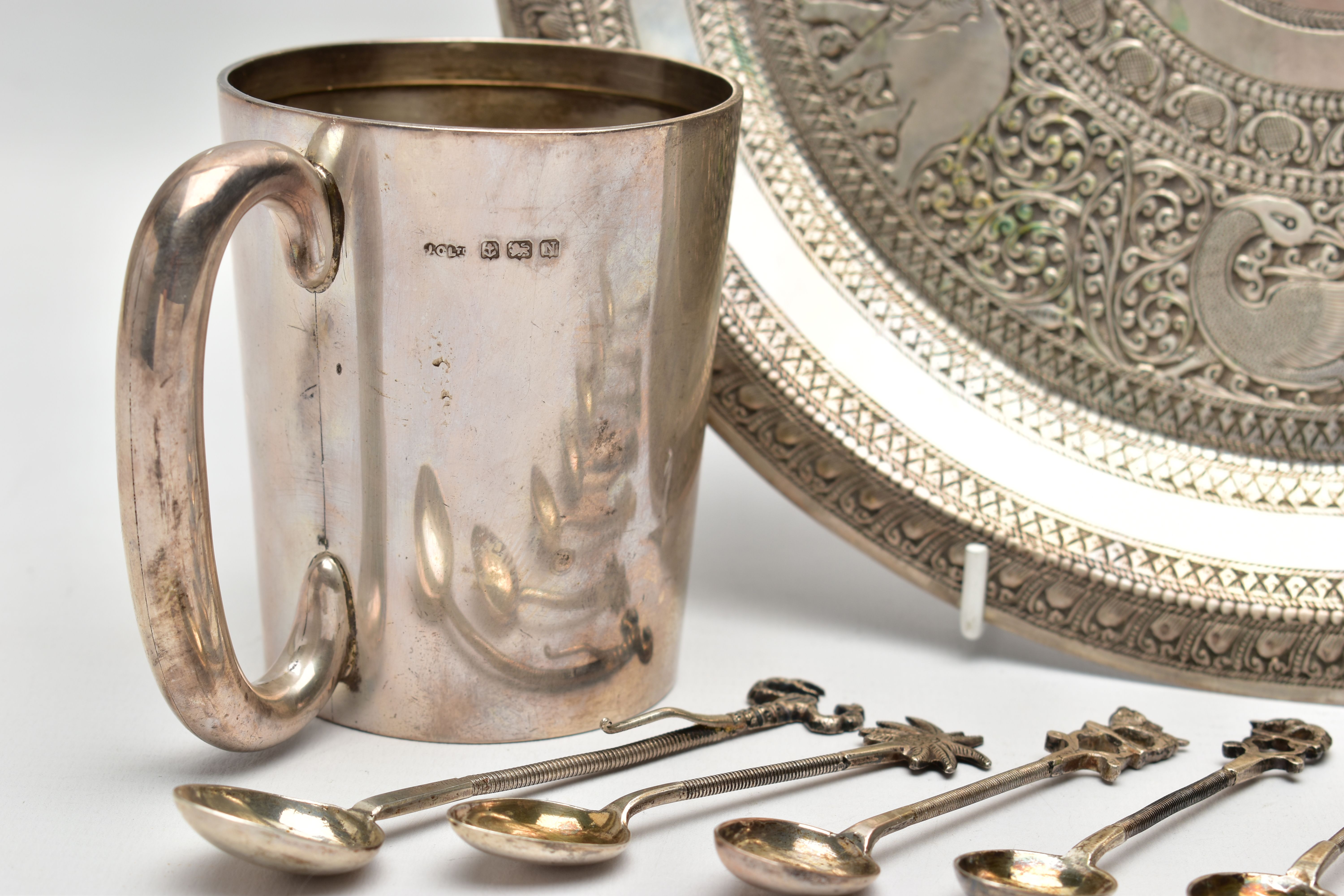A GEORGE VI SILVER MUG, AN INDIAN WHITE METAL TRAY AND SEVEN INDIAN WHITE METAL COFFEE SPOONS, the - Image 5 of 10